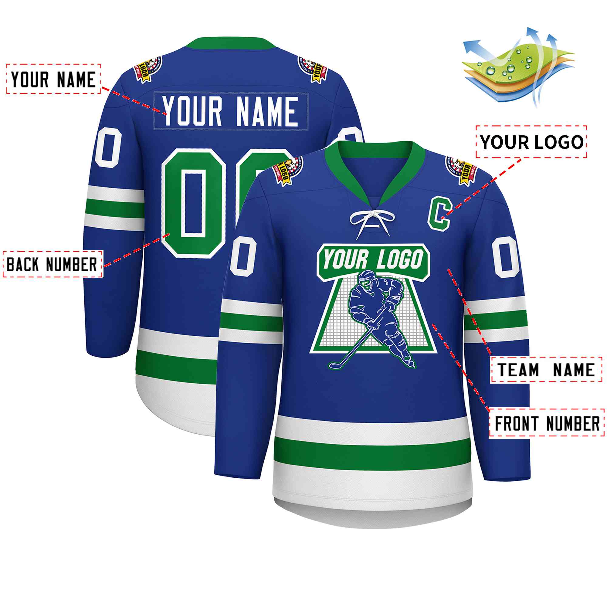 Custom Royal Kelly Green-White Lace-Up Neck Hockey Jersey