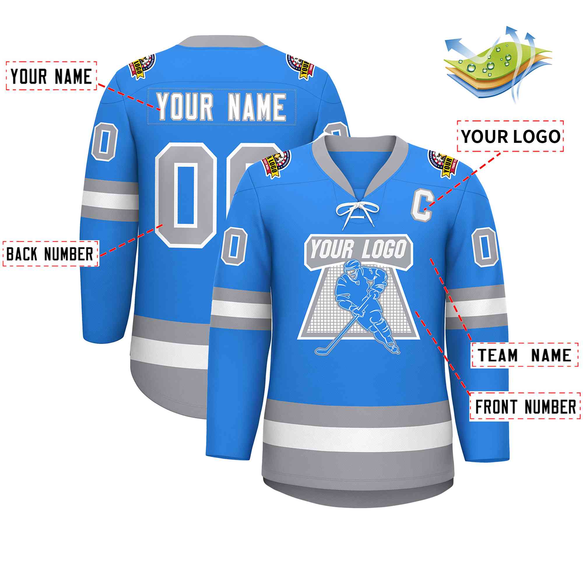 Custom Powder Blue White-Gray Lace-Up Neck Hockey Jersey