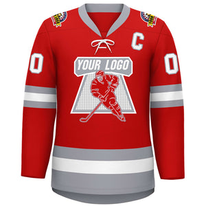 Custom Red White-Gray Lace-Up Neck Hockey Jersey