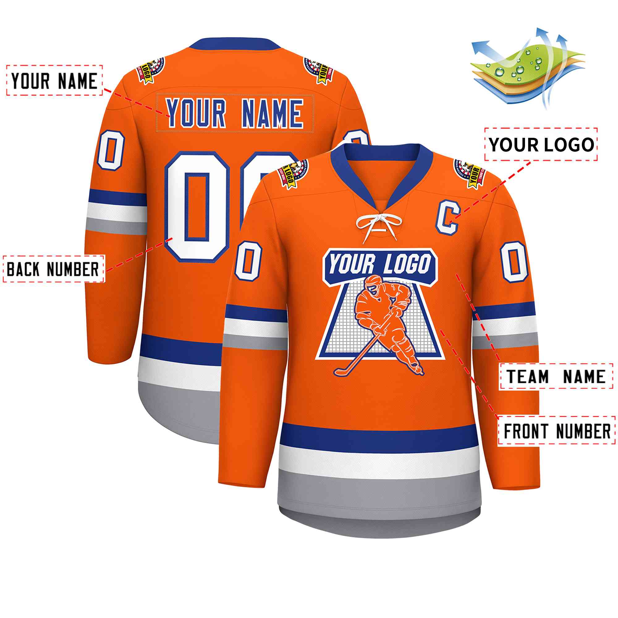 Custom Orange Royal-White Lace-Up Neck Hockey Jersey