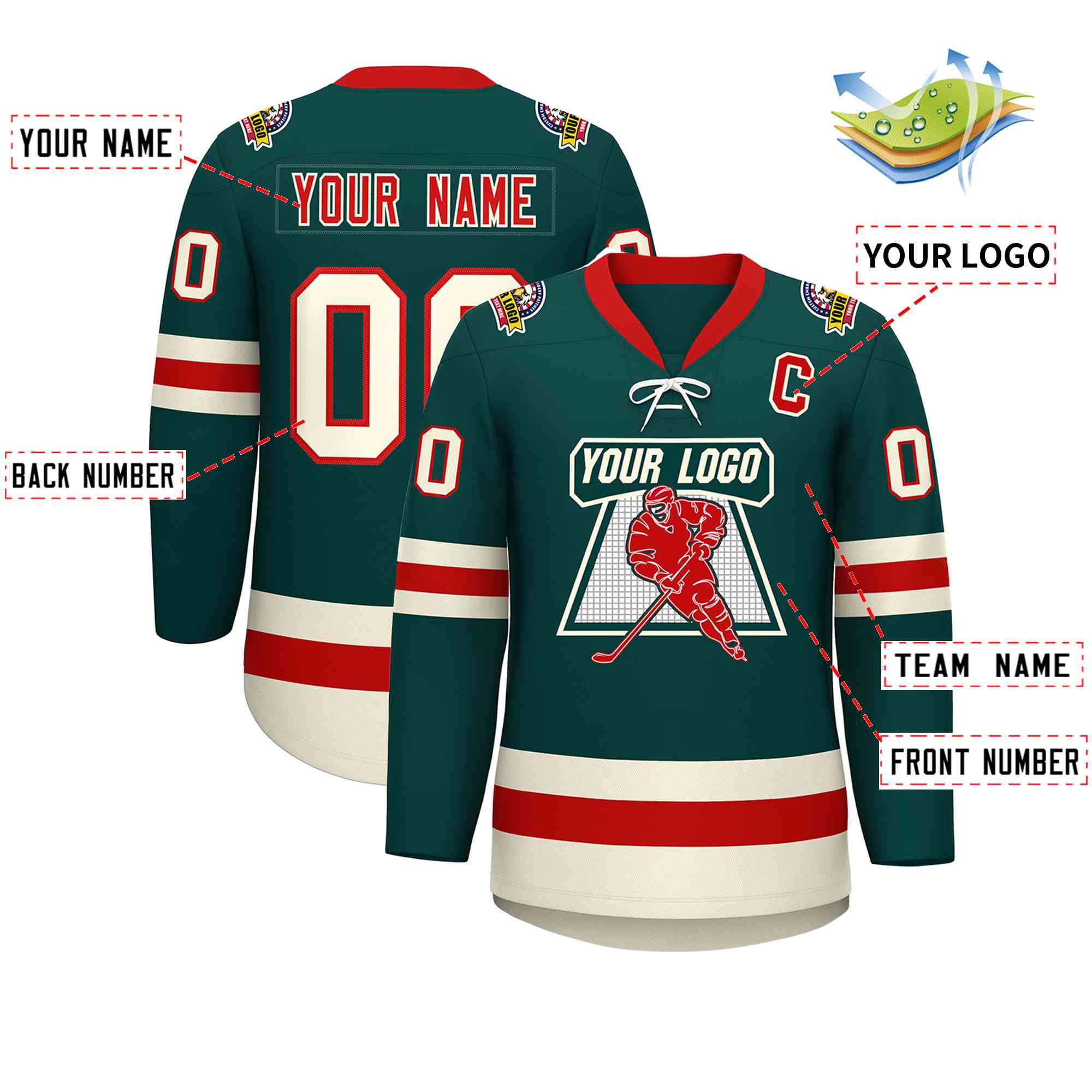 Custom Midnight Green Red-Cream Lace-Up Neck Hockey Jersey