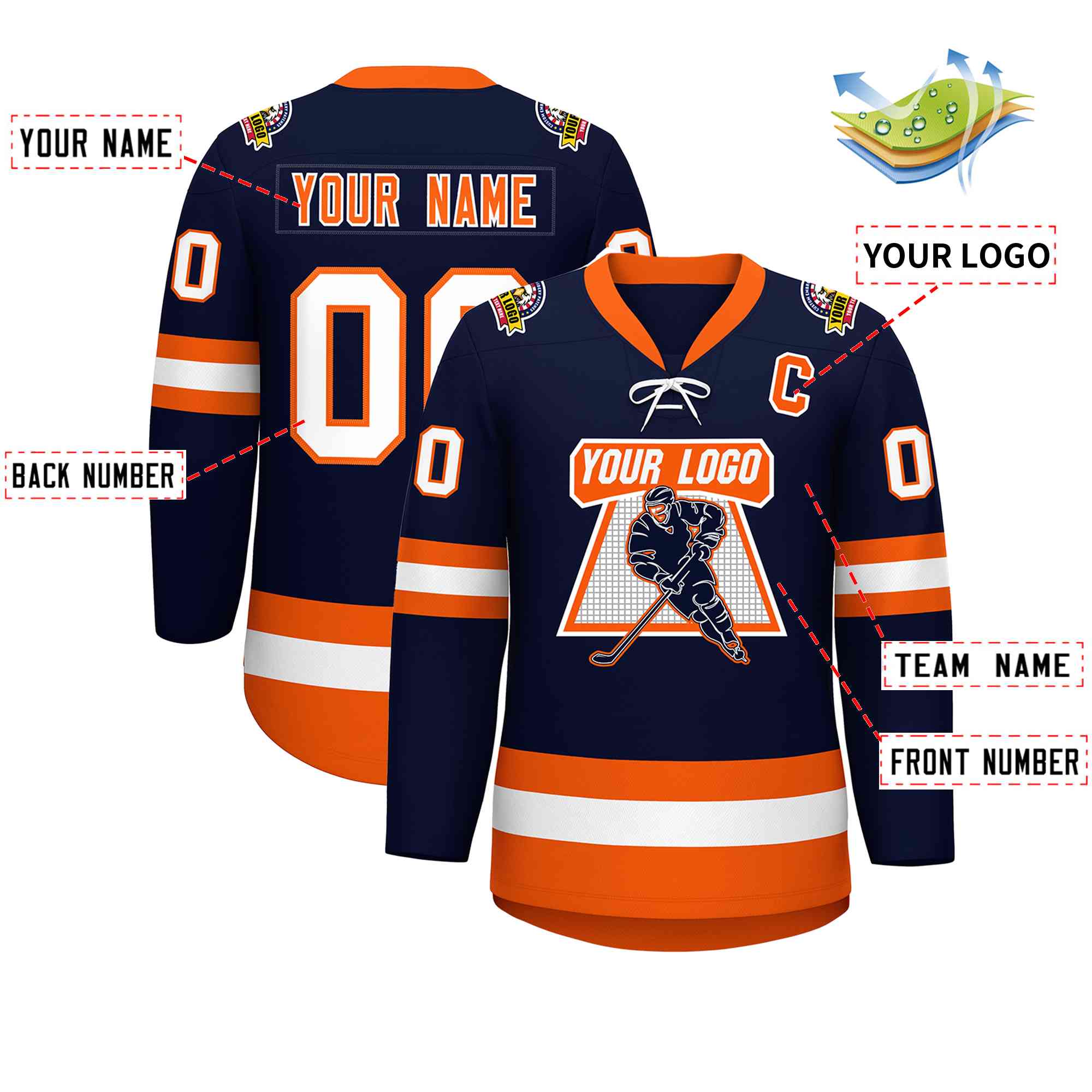 Custom Navy Orange-White Lace-Up Neck Hockey Jersey