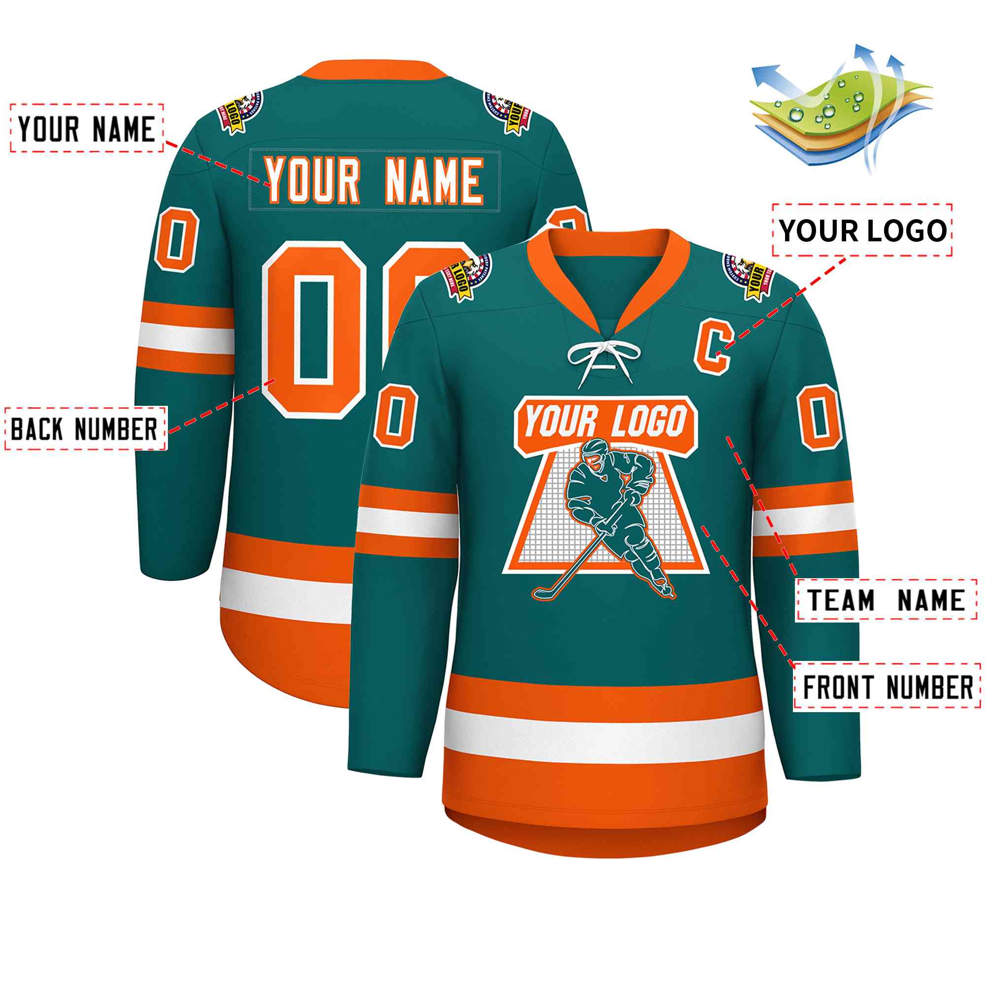 Custom Aqua White-Orange Lace-Up Neck Hockey Jersey