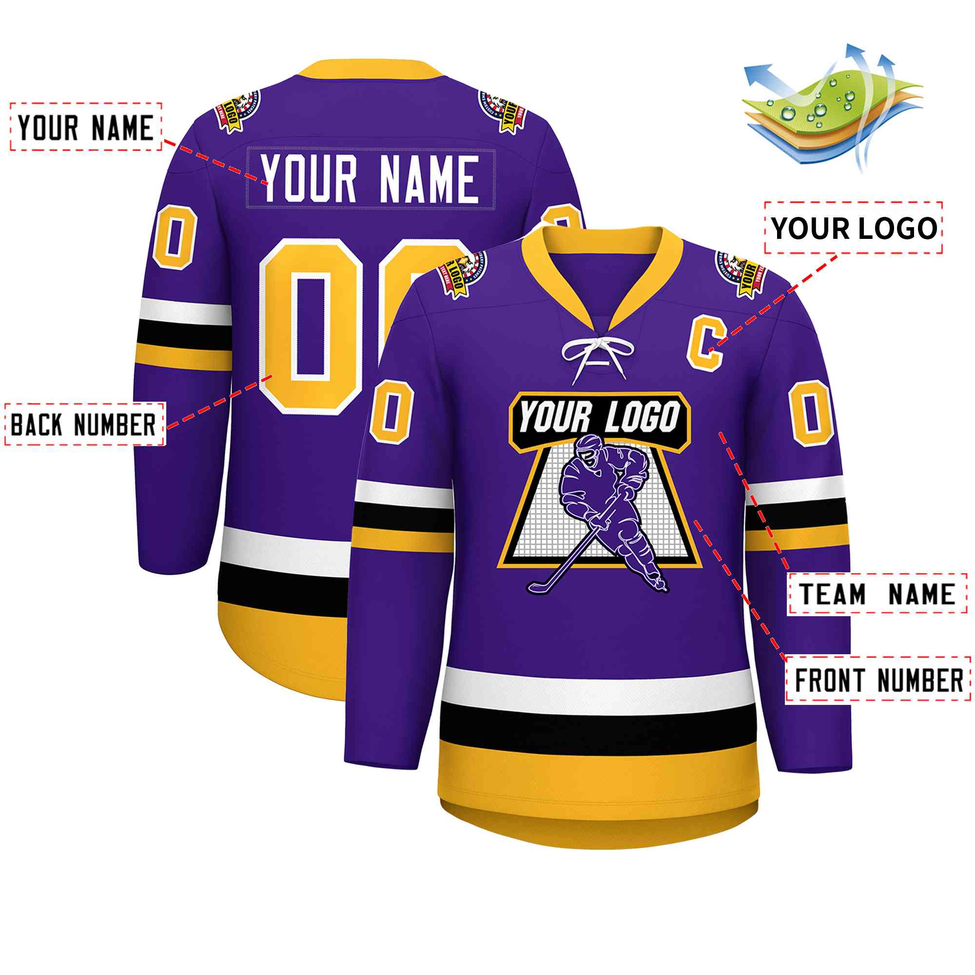 Custom Purple Gold-White Lace-Up Neck Hockey Jersey