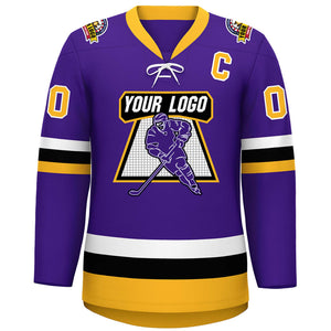 Custom Purple Gold-White Lace-Up Neck Hockey Jersey