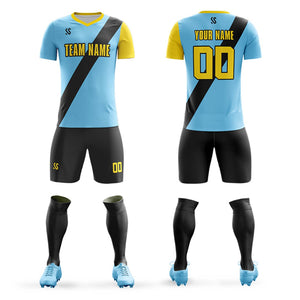 Custom Light Blue Yellow Casual Printing Sportswear Soccer Sets Jersey