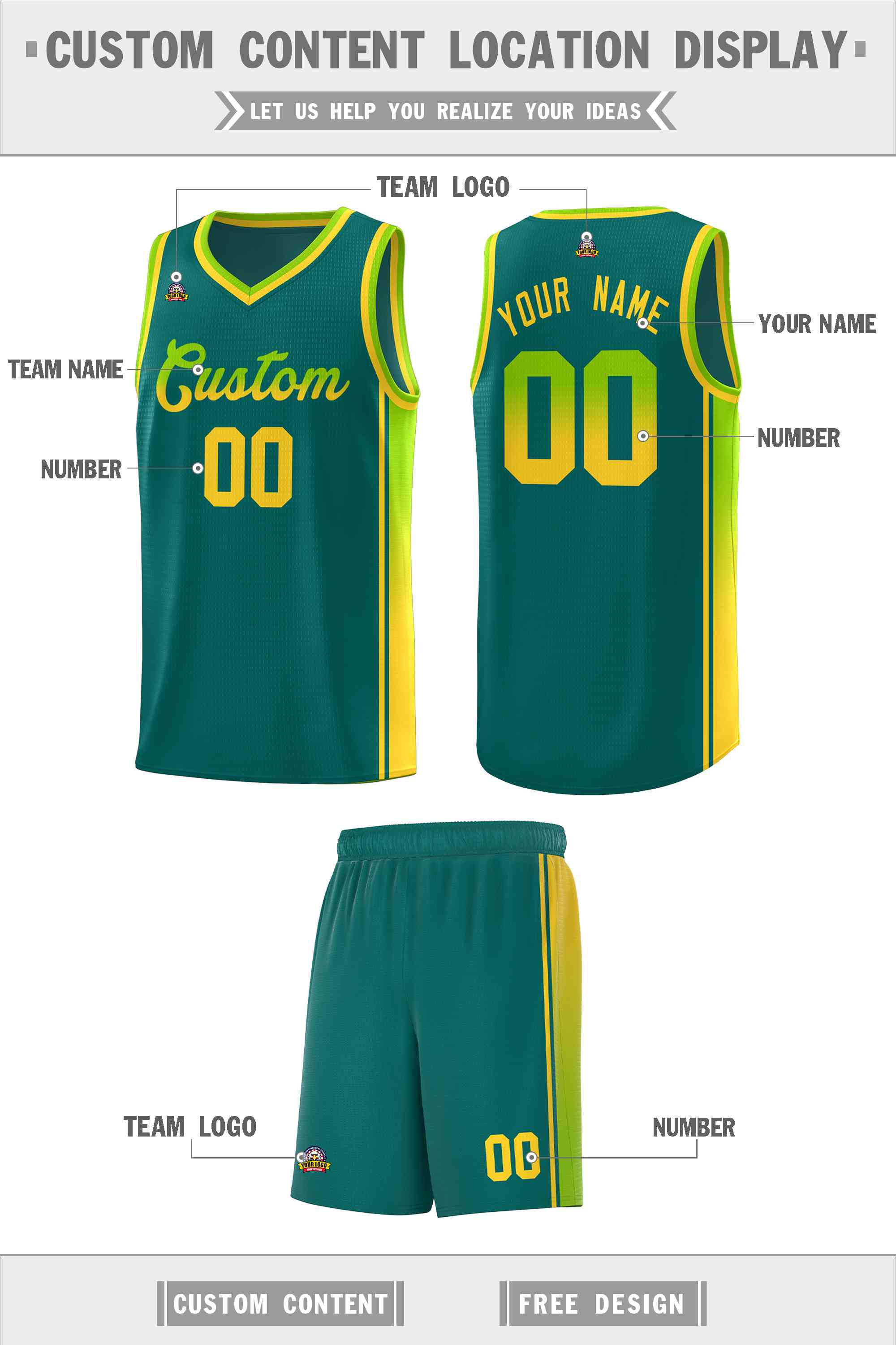Custom Aqua Neon Green-Gold Gradient Fashion Sports Uniform Basketball Jersey