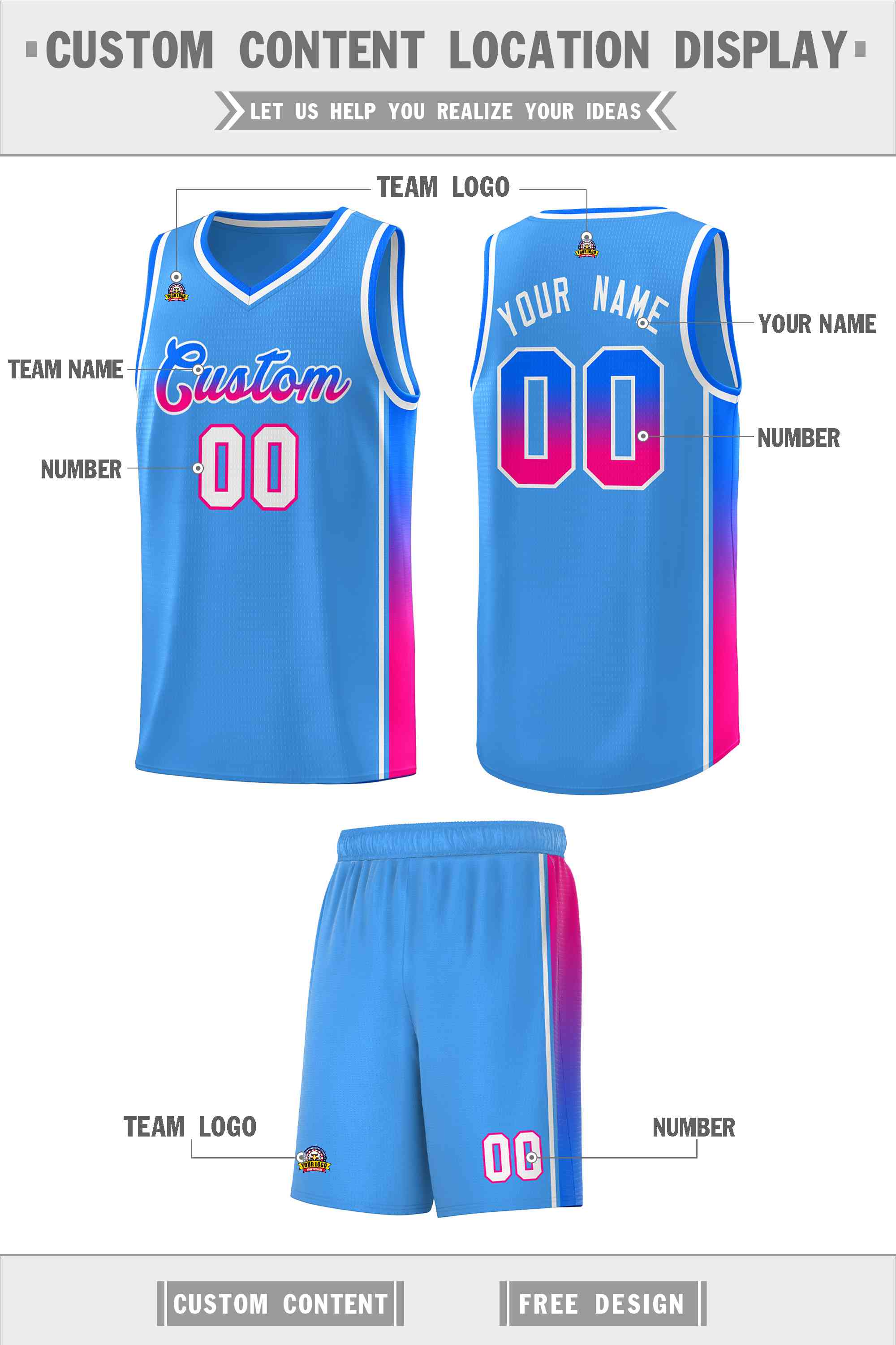 Custom Powder Blue Blue-Pink Gradient Fashion Sports Uniform Basketball Jersey