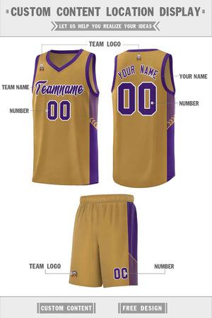 Custom Old Gold Purple-White Side Stripe Fashion Sports Uniform Basketball Jersey