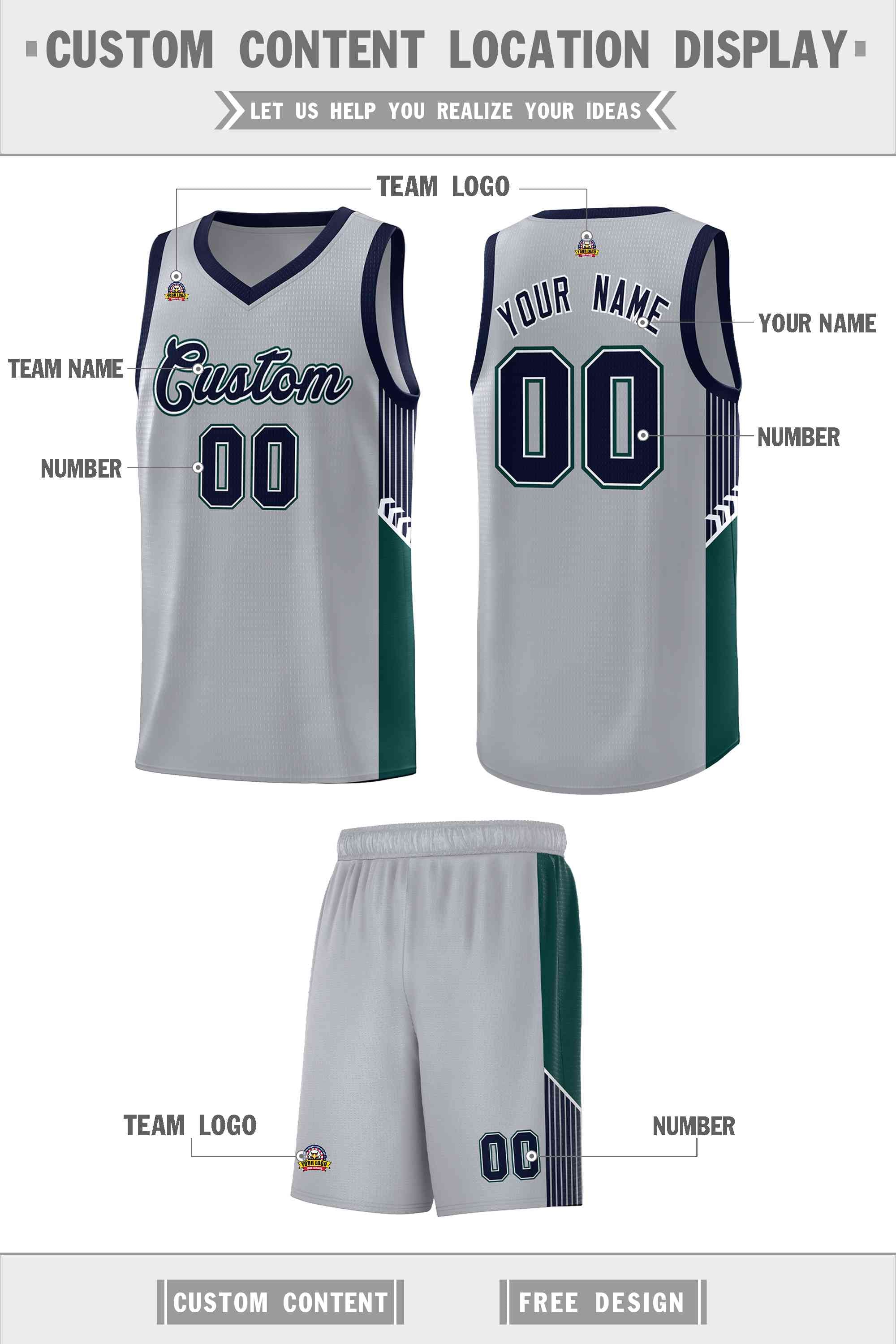 Custom Gray Navy-White Side Stripe Fashion Sports Uniform Basketball Jersey