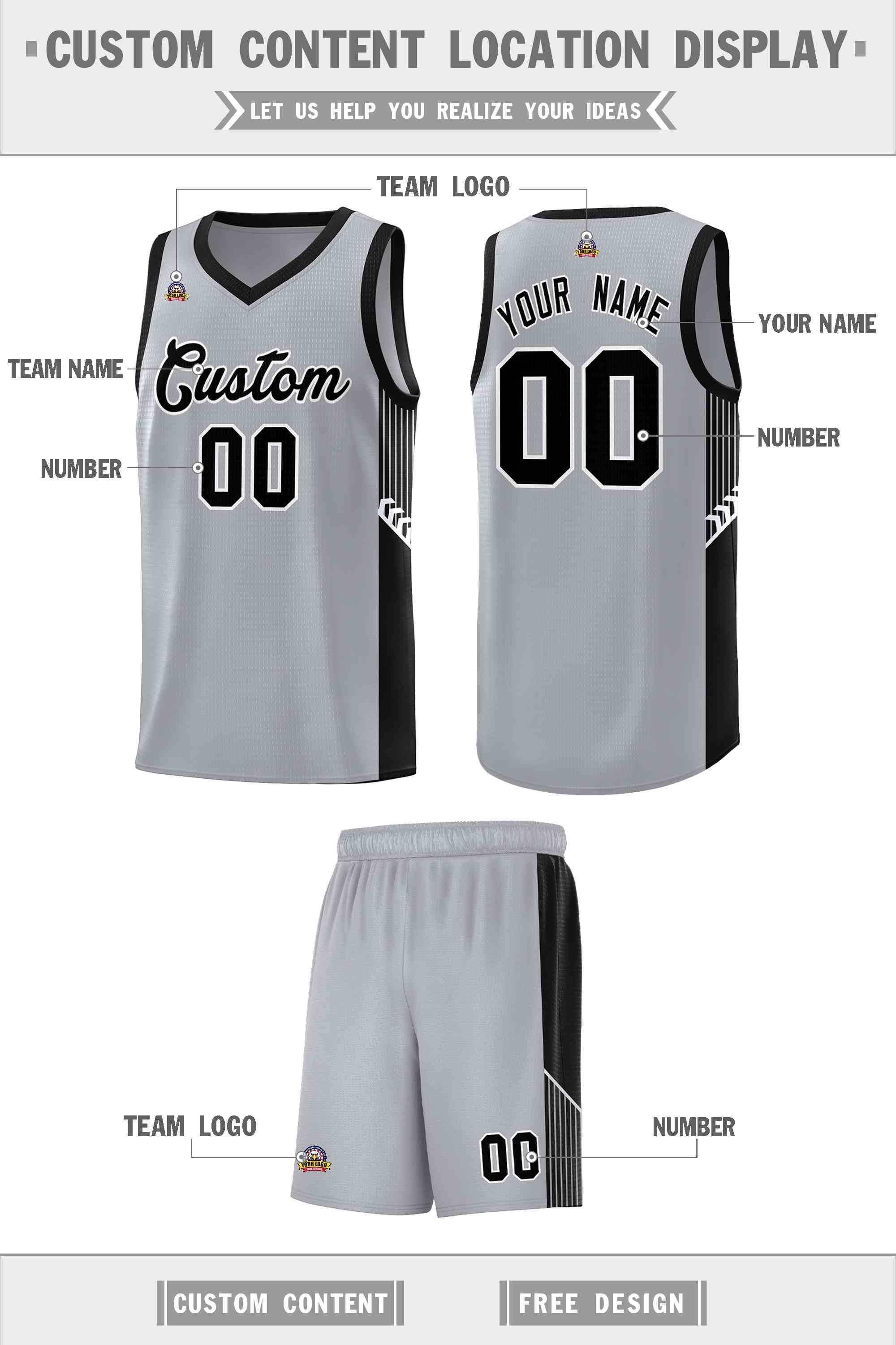 Custom Gray Black-White Side Stripe Fashion Sports Uniform Basketball Jersey