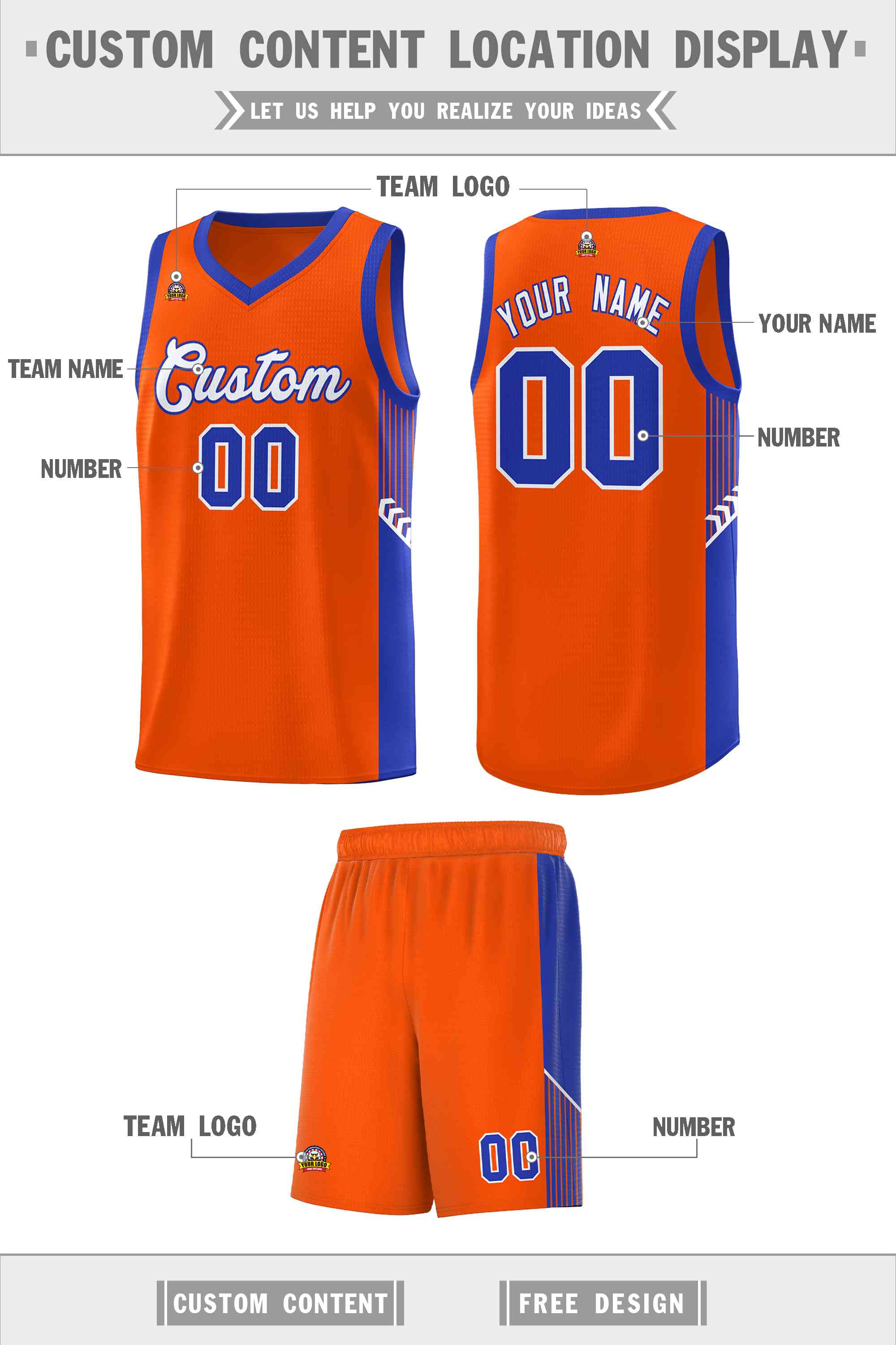Custom Orange White-Royal Side Stripe Fashion Sports Uniform Basketball Jersey