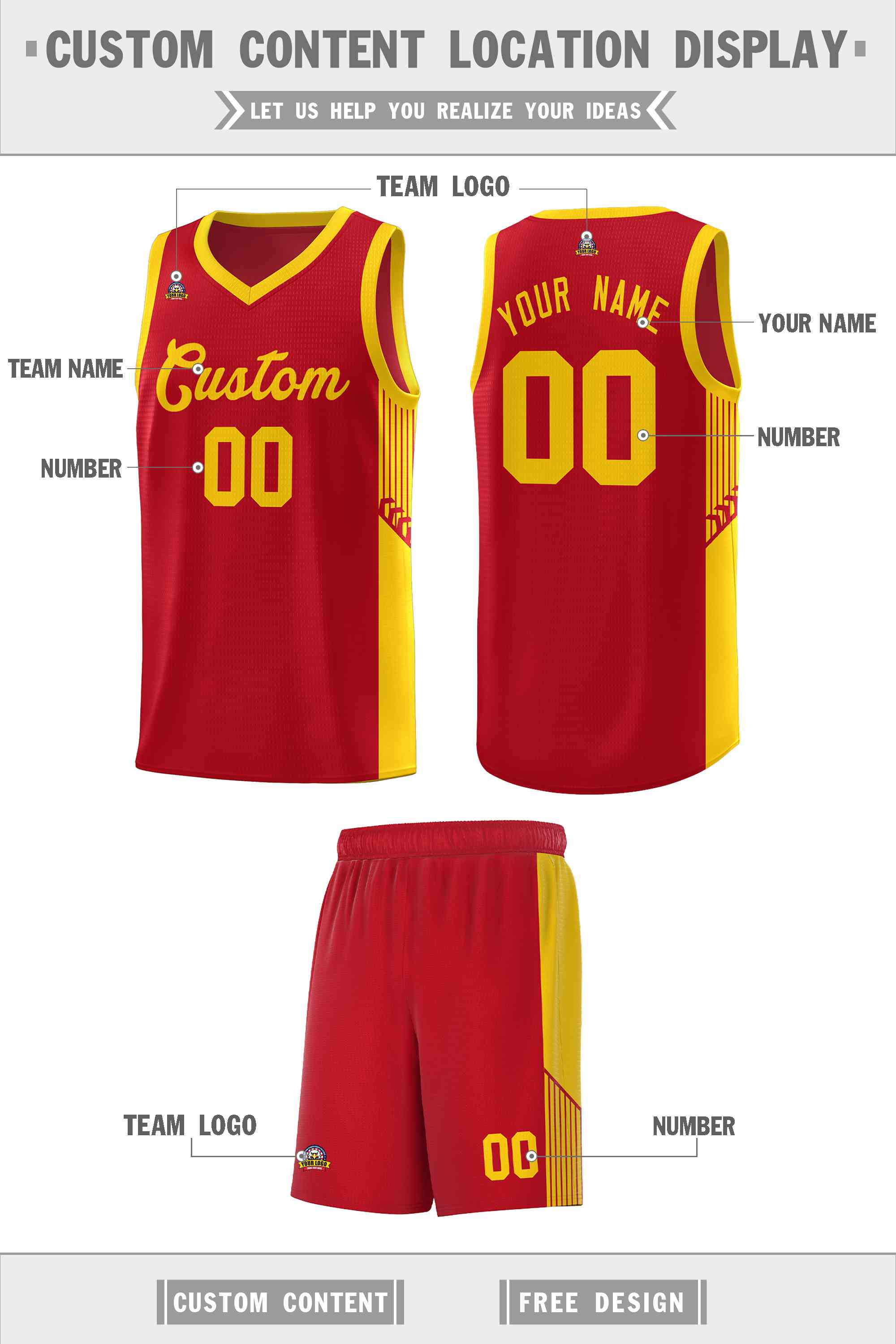 Custom Red Gold Side Stripe Fashion Sports Uniform Basketball Jersey