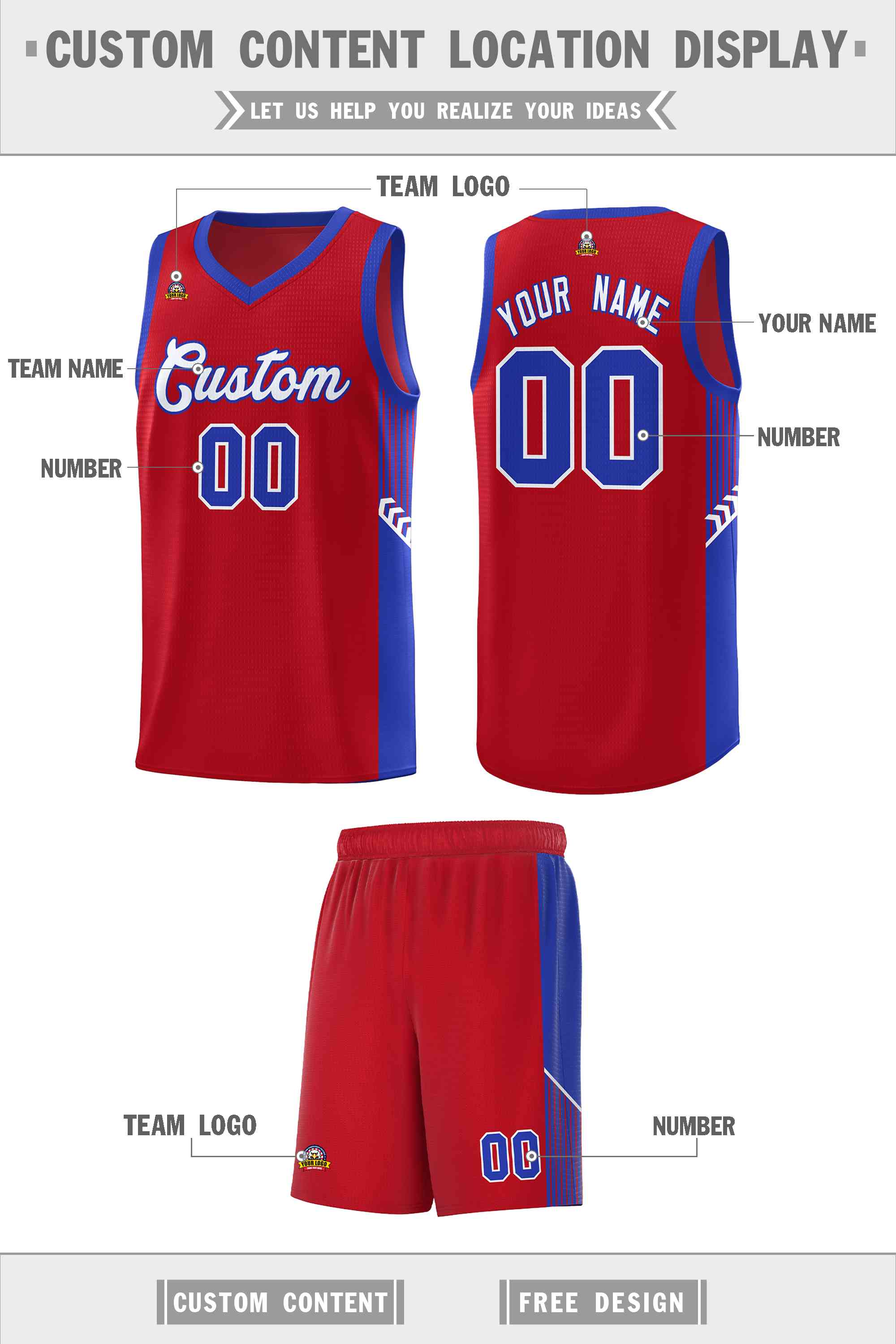 Custom Red White-Royal Side Stripe Fashion Sports Uniform Basketball Jersey