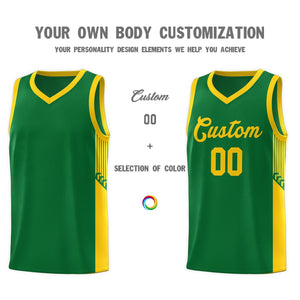 Custom Kelly Green Gold Side Stripe Fashion Sports Uniform Basketball Jersey