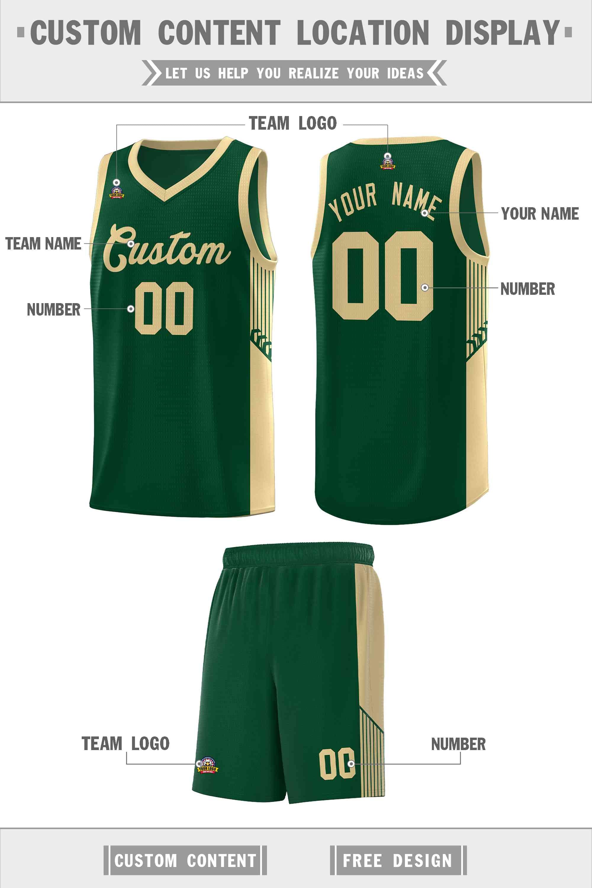 Custom Green Khaki Side Stripe Fashion Sports Uniform Basketball Jersey