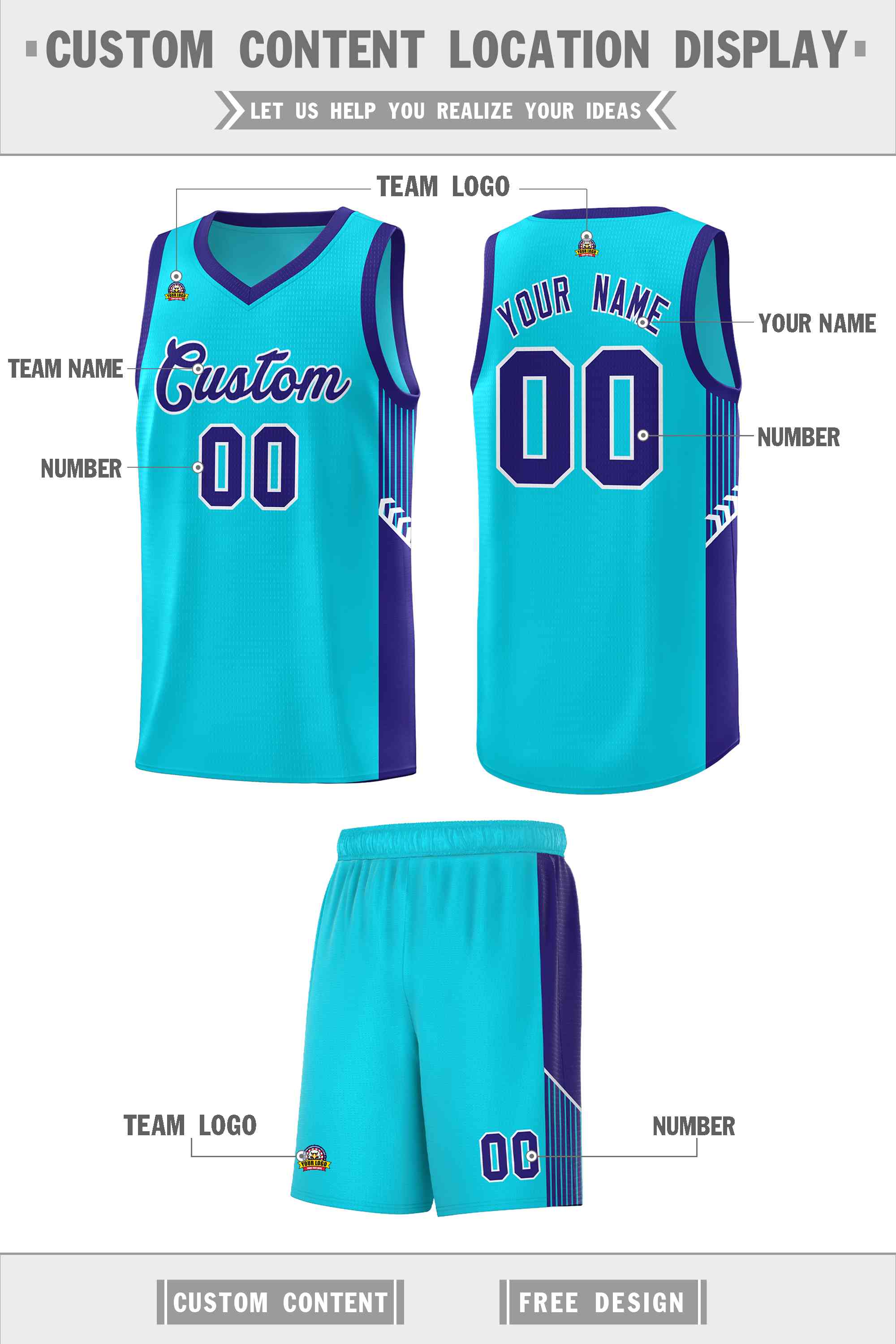 Custom Light Blue Royal-White Side Stripe Fashion Sports Uniform Basketball Jersey