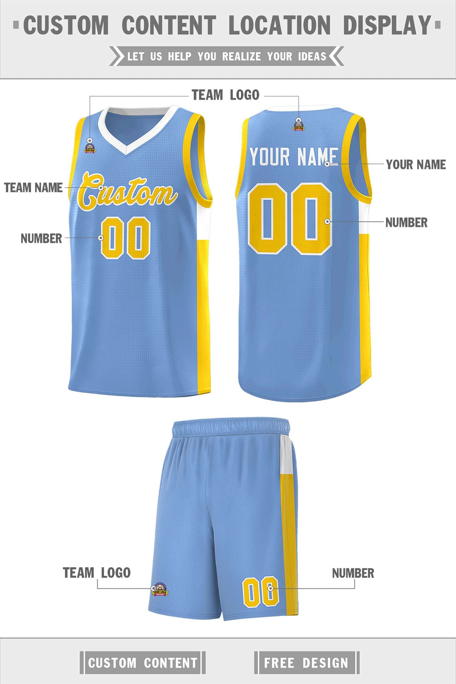 Custom Light Blue Gold-White Side Two-Tone Classic Sports Uniform Basketball Jersey