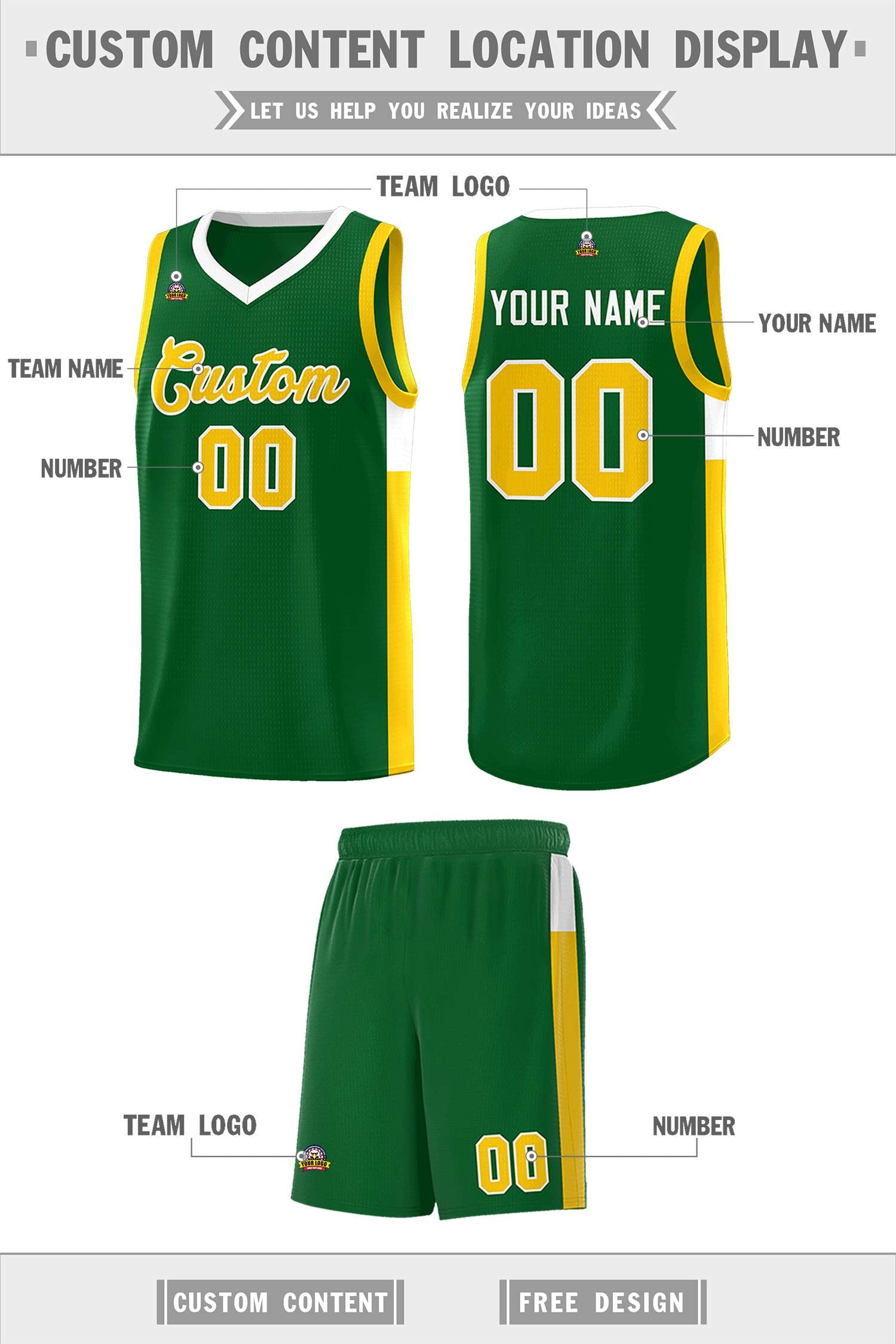 Custom Green Gold-White Side Two-Tone Classic Sports Uniform Basketball Jersey