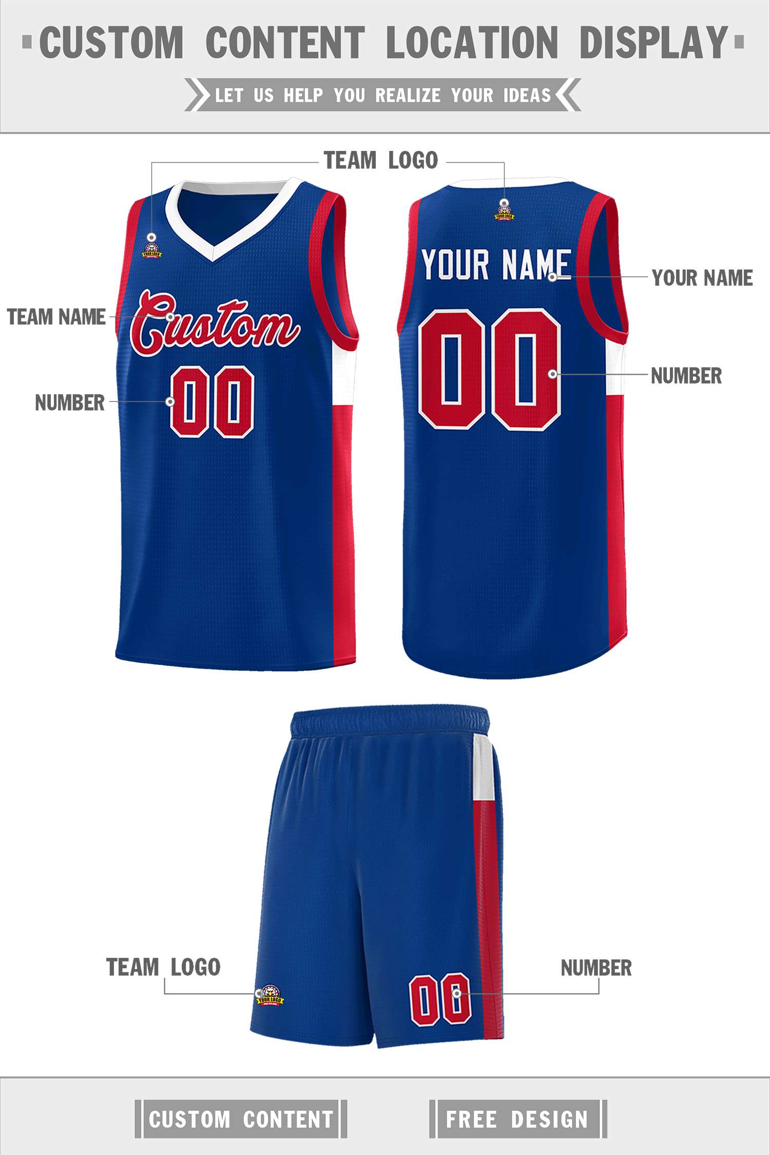 Custom Royal Red-White Side Two-Tone Classic Sports Uniform Basketball Jersey