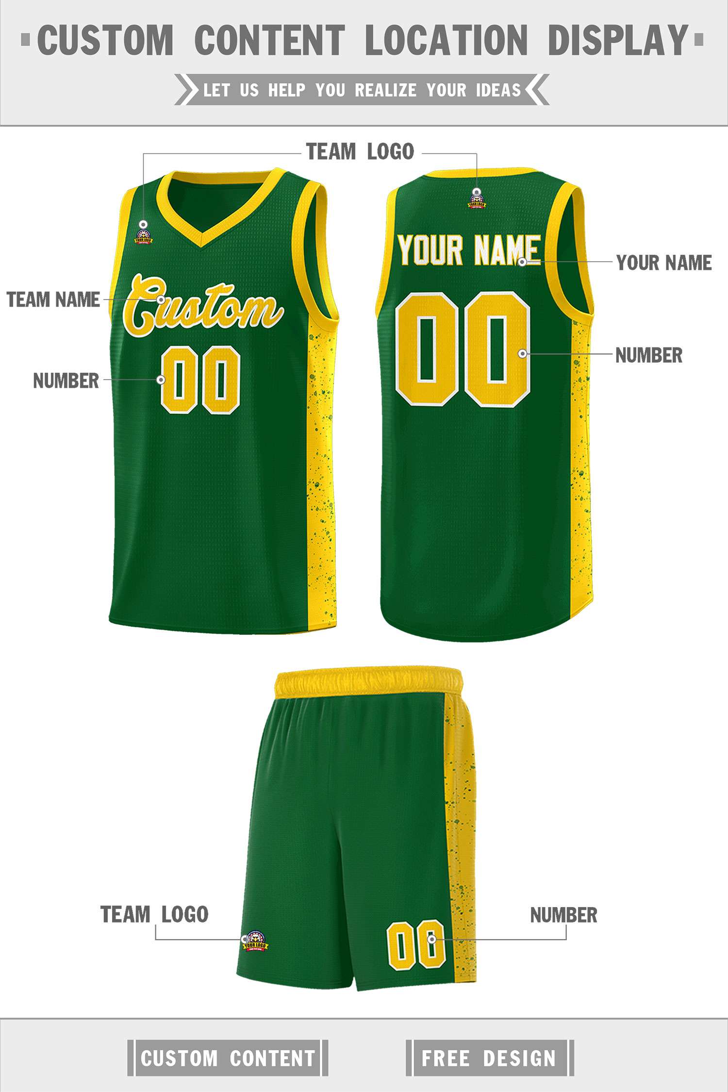 Custom Green Gold-White Side Splash Sports Uniform Basketball Jersey