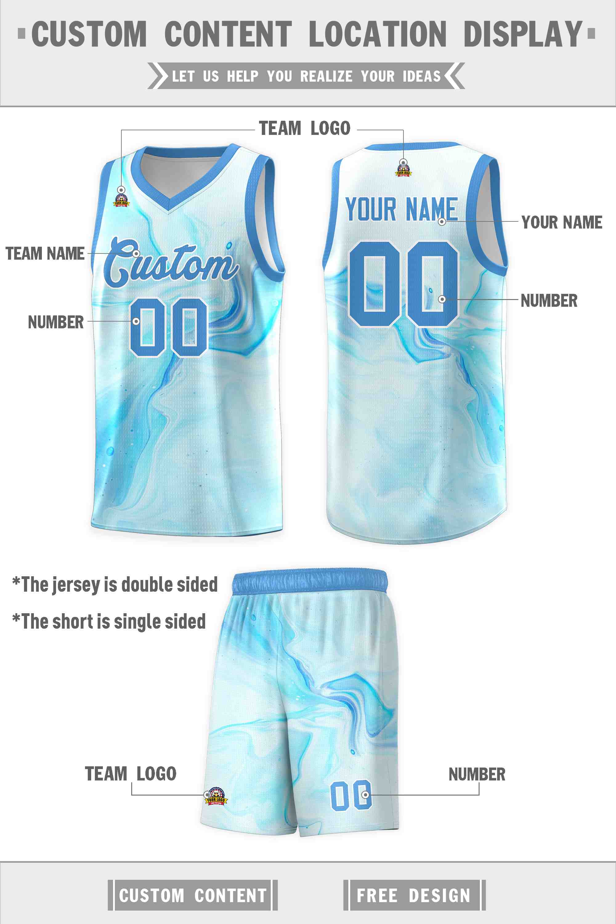 Custom Powder Blue White Pattern Tie Dye Sports Uniform Basketball Jersey