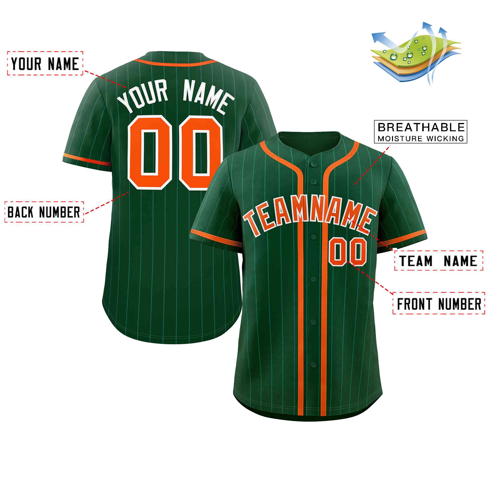 Custom Green Orange Stripe Fashion Design Full Button Authentic Baseball Jersey