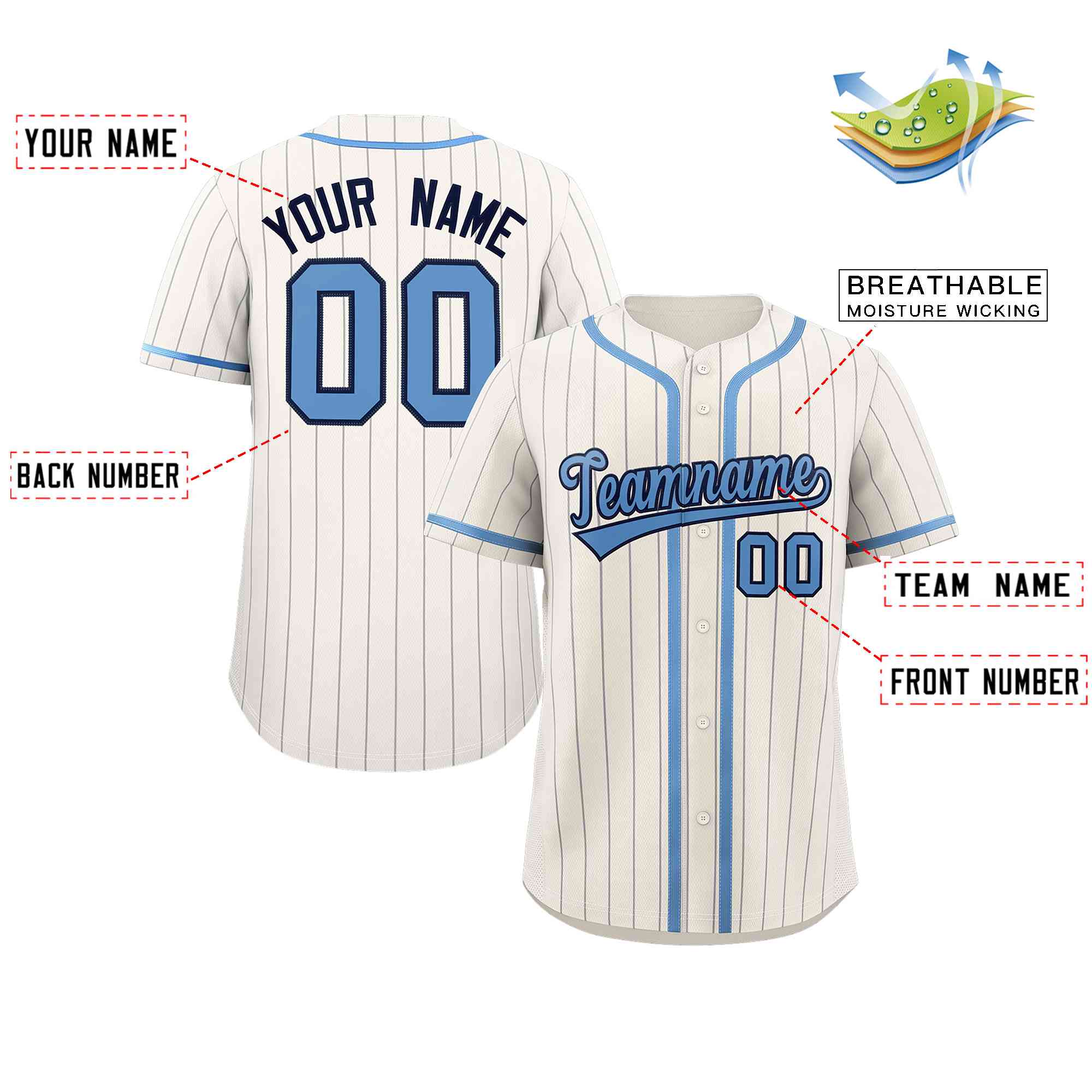 Custom Cream Light Blue-Light Gray Stripe Fashion Design Full Button Authentic Baseball Jersey