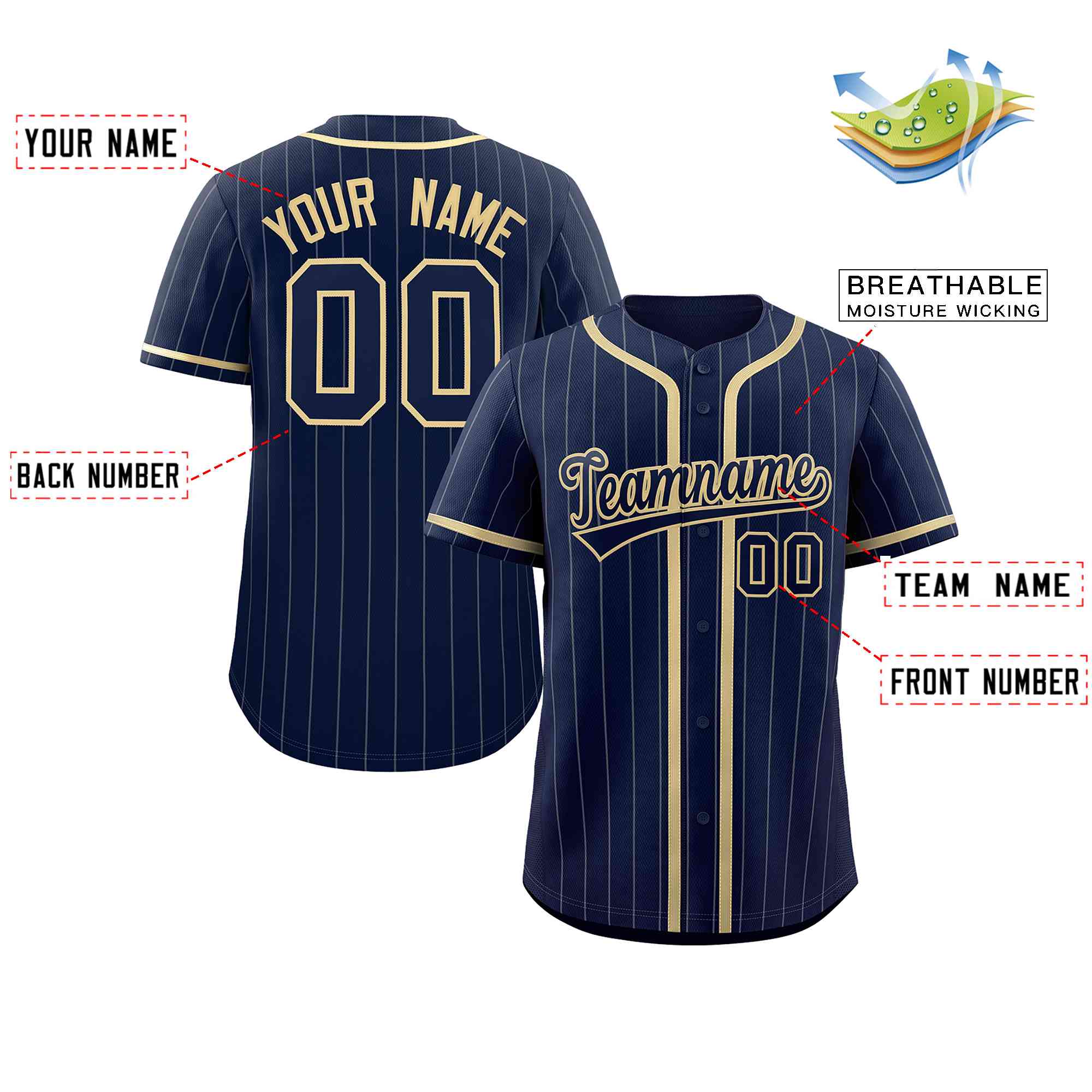 Custom Navy Cream-Light Gray Stripe Fashion Design Full Button Authentic Baseball Jersey