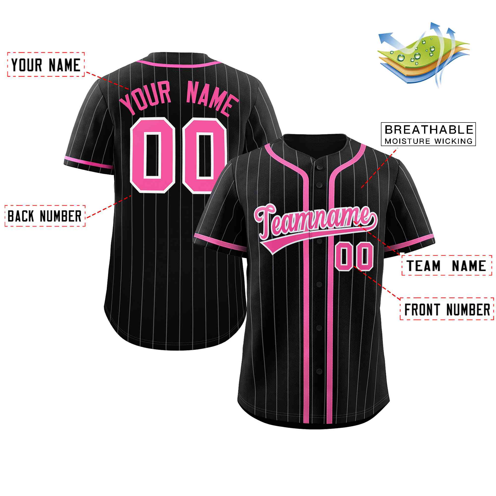 Custom Black Pink-Light Gray Stripe Fashion Design Full Button Authentic Baseball Jersey