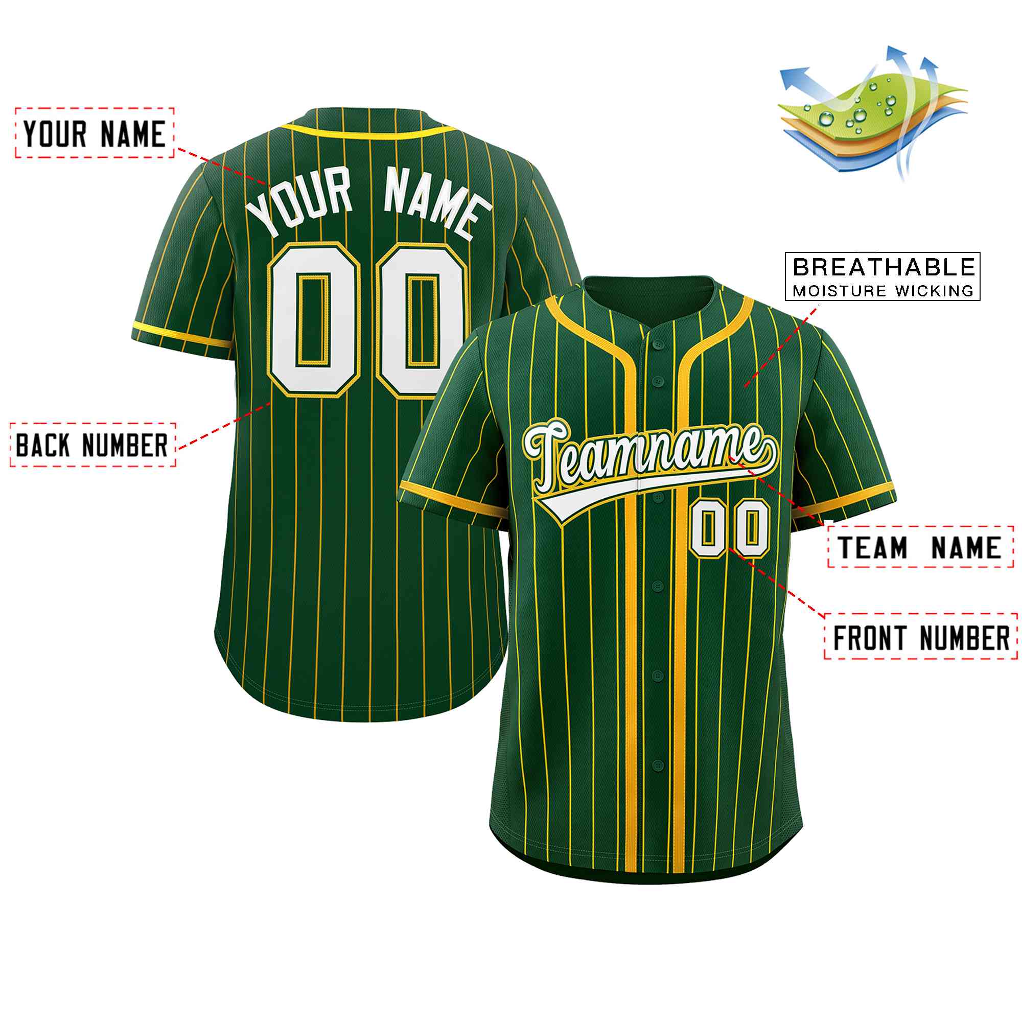 Custom Green Gold Stripe Fashion Design Full Button Authentic Baseball Jersey