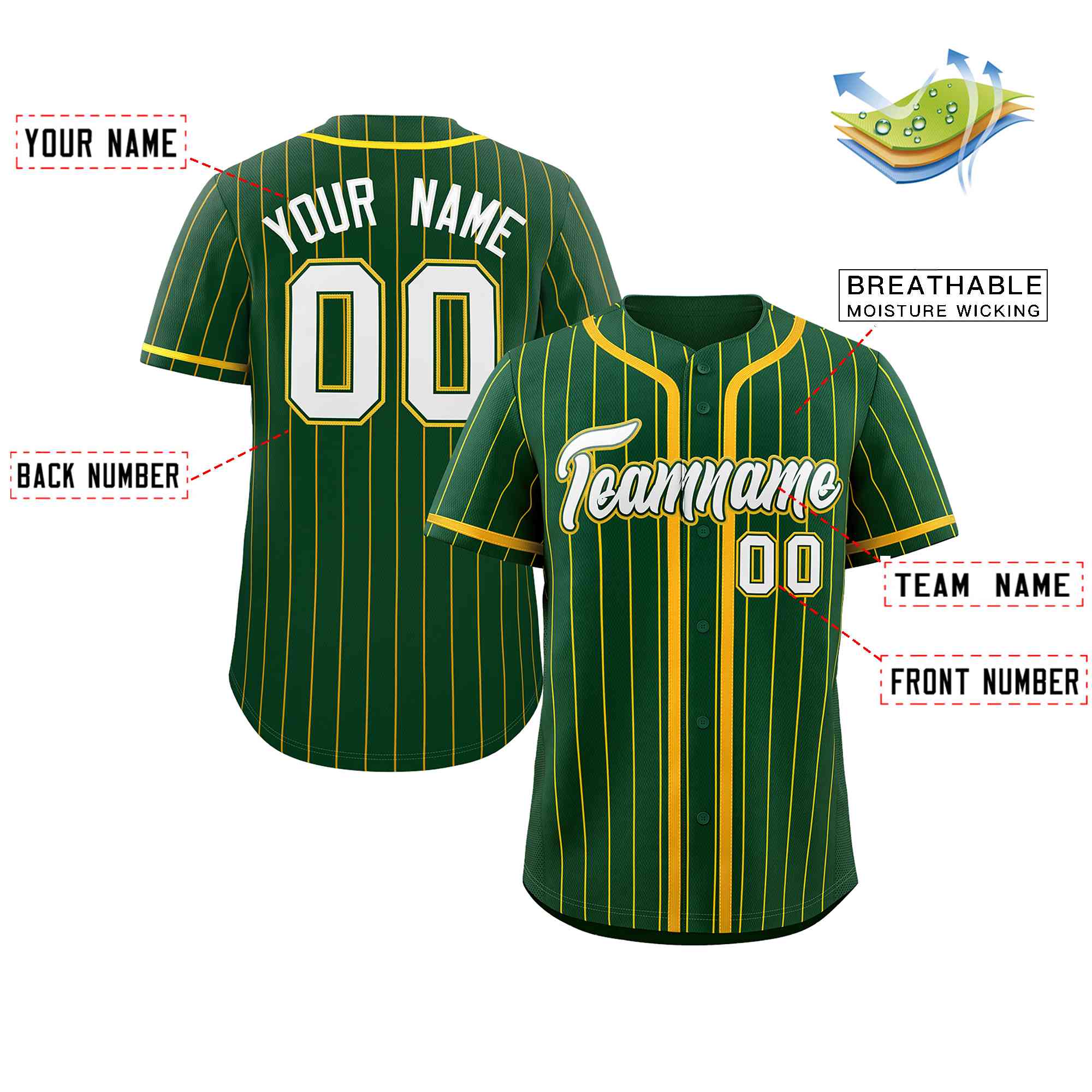 Custom Green Gold Stripe Fashion Design Full Button Authentic Baseball Jersey