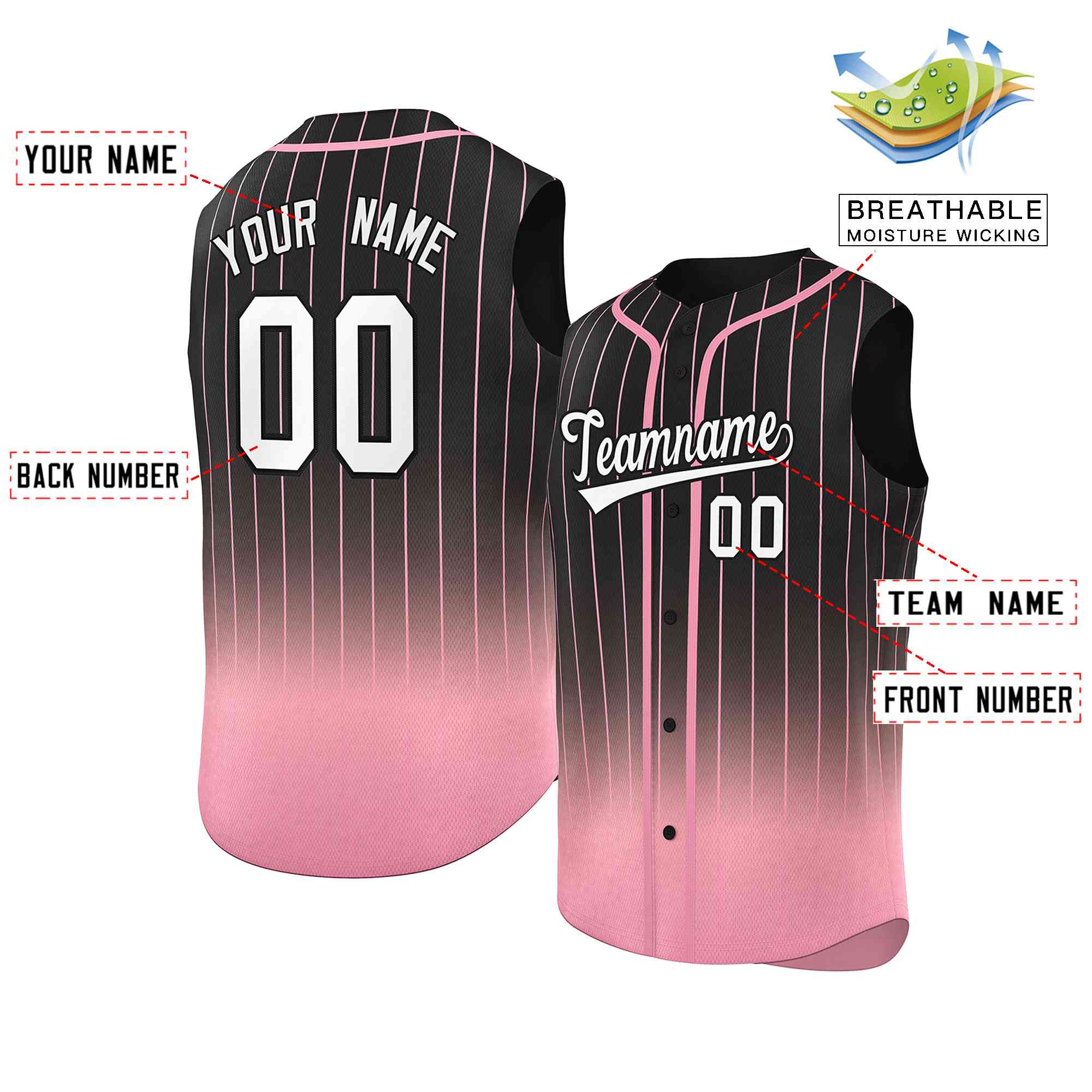 Custom Black Pink Gradient stripe Fashion Authentic Sleeveless Baseball Jersey
