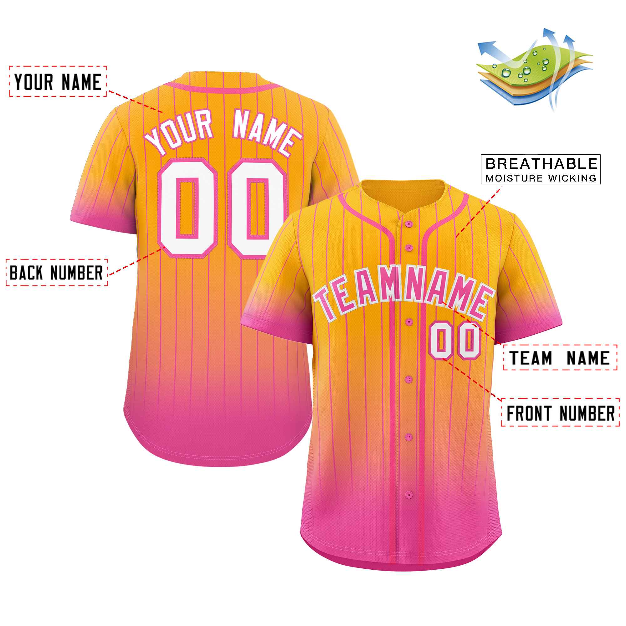 Custom Yellow Pink-White Gradient Stripe Fashion Authentic Baseball Jersey