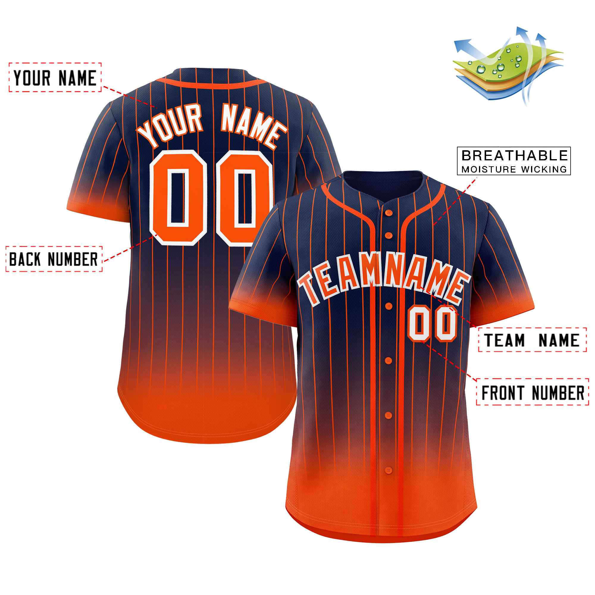 Custom Navy Orange-White Gradient Stripe Fashion Authentic Baseball Jersey