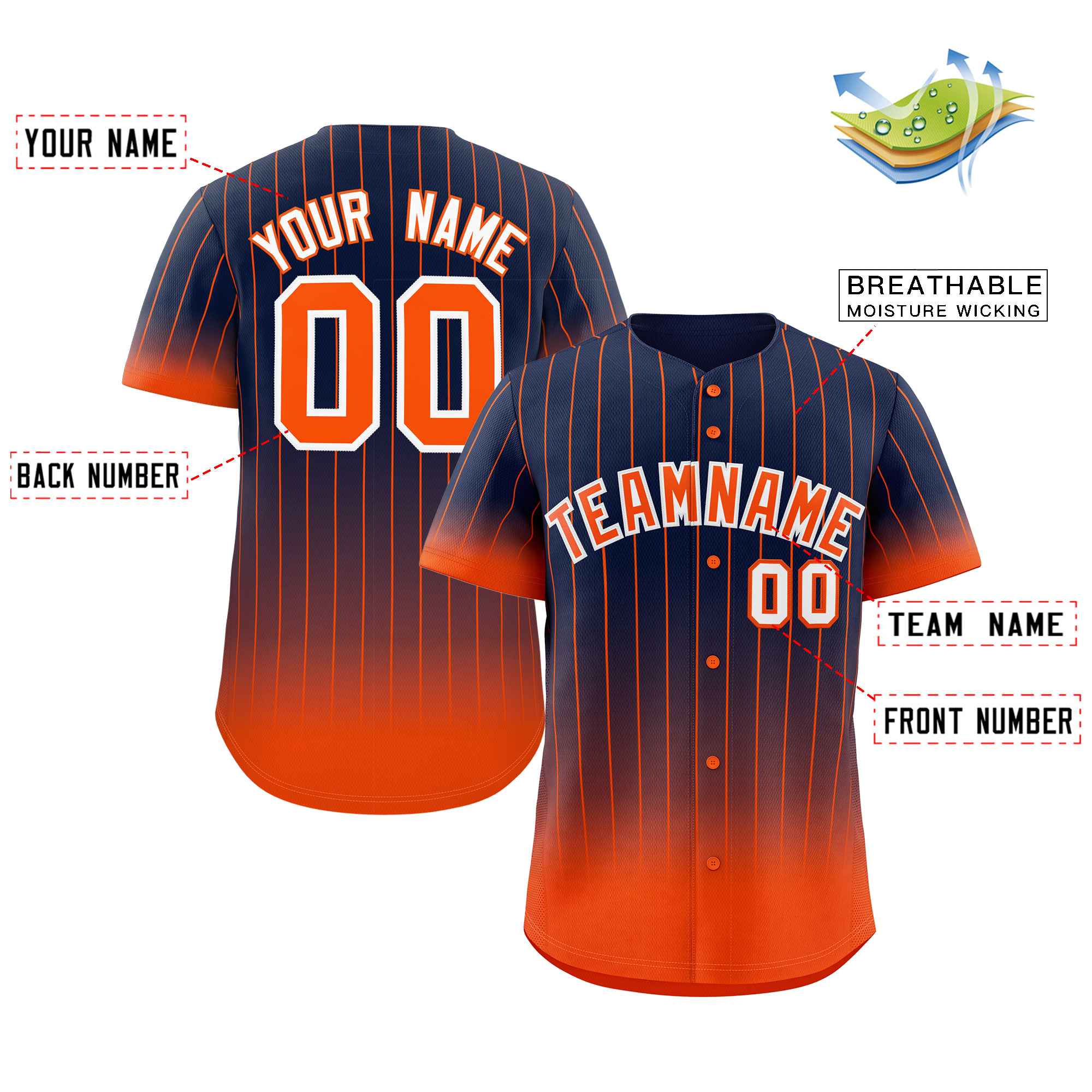 Custom Navy Orange-White Gradient Stripe Fashion Authentic Baseball Jersey