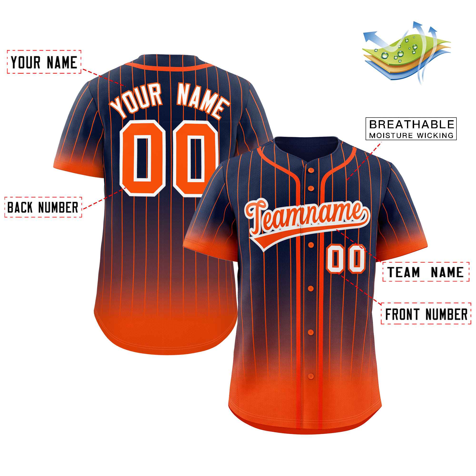 Custom Navy Orange-White Gradient Stripe Fashion Authentic Baseball Jersey