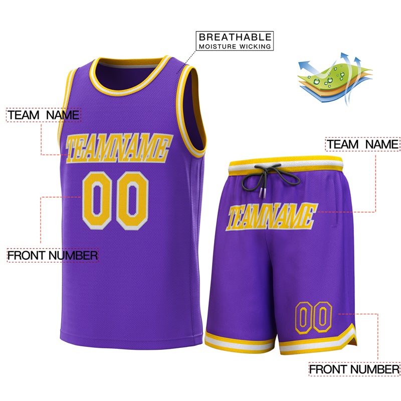 Maillot de basket-ball personnalisé violet jaune-blanc jaune, ensembles classiques