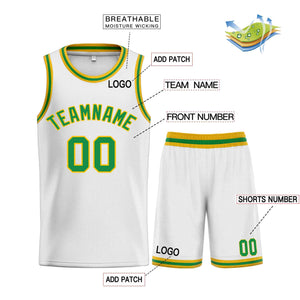 Maillot de basket-ball incurvé personnalisé blanc vert-jaune, ensembles classiques