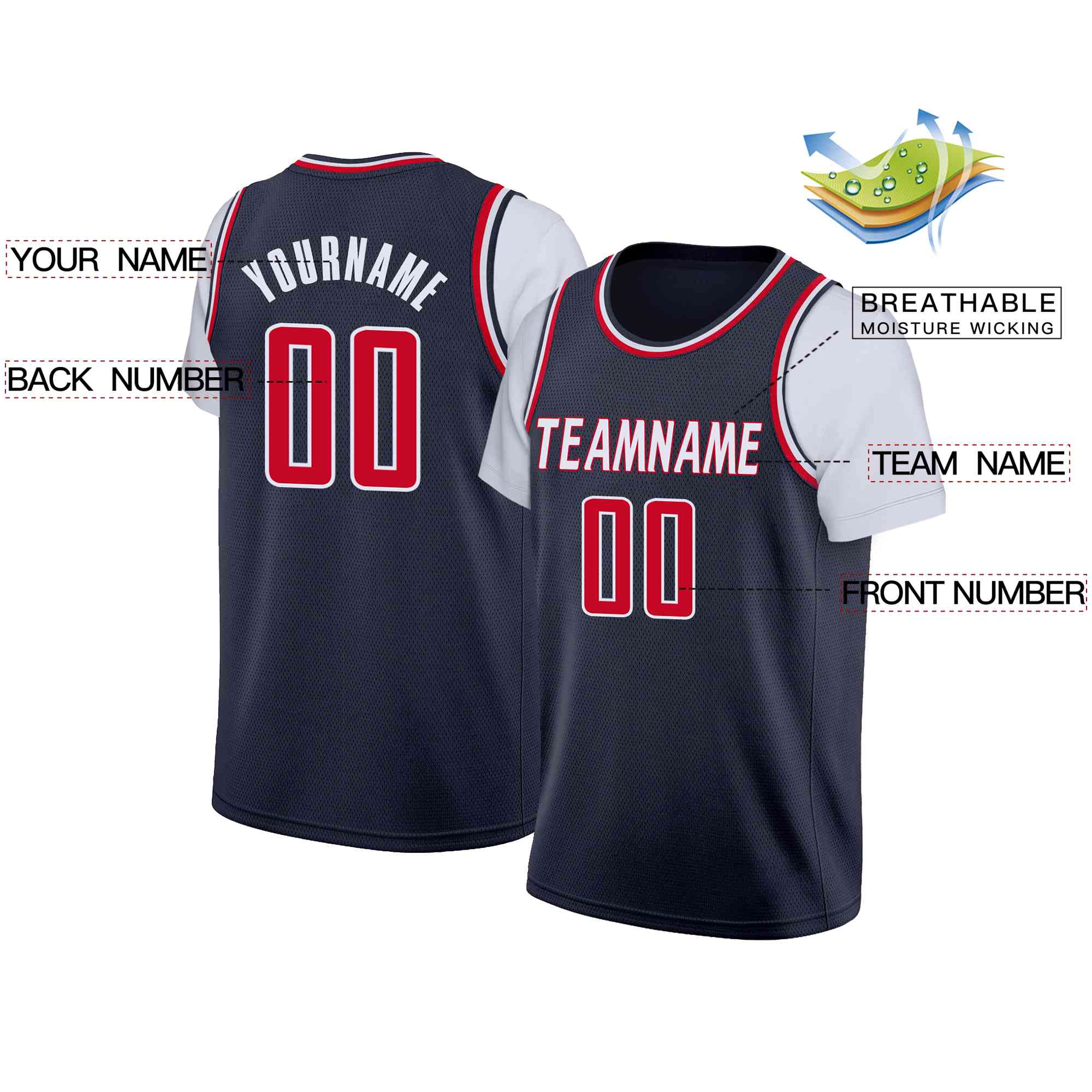Custom Navy White-Red Classic Tops Casual Fake Sleeve Basketball Jersey