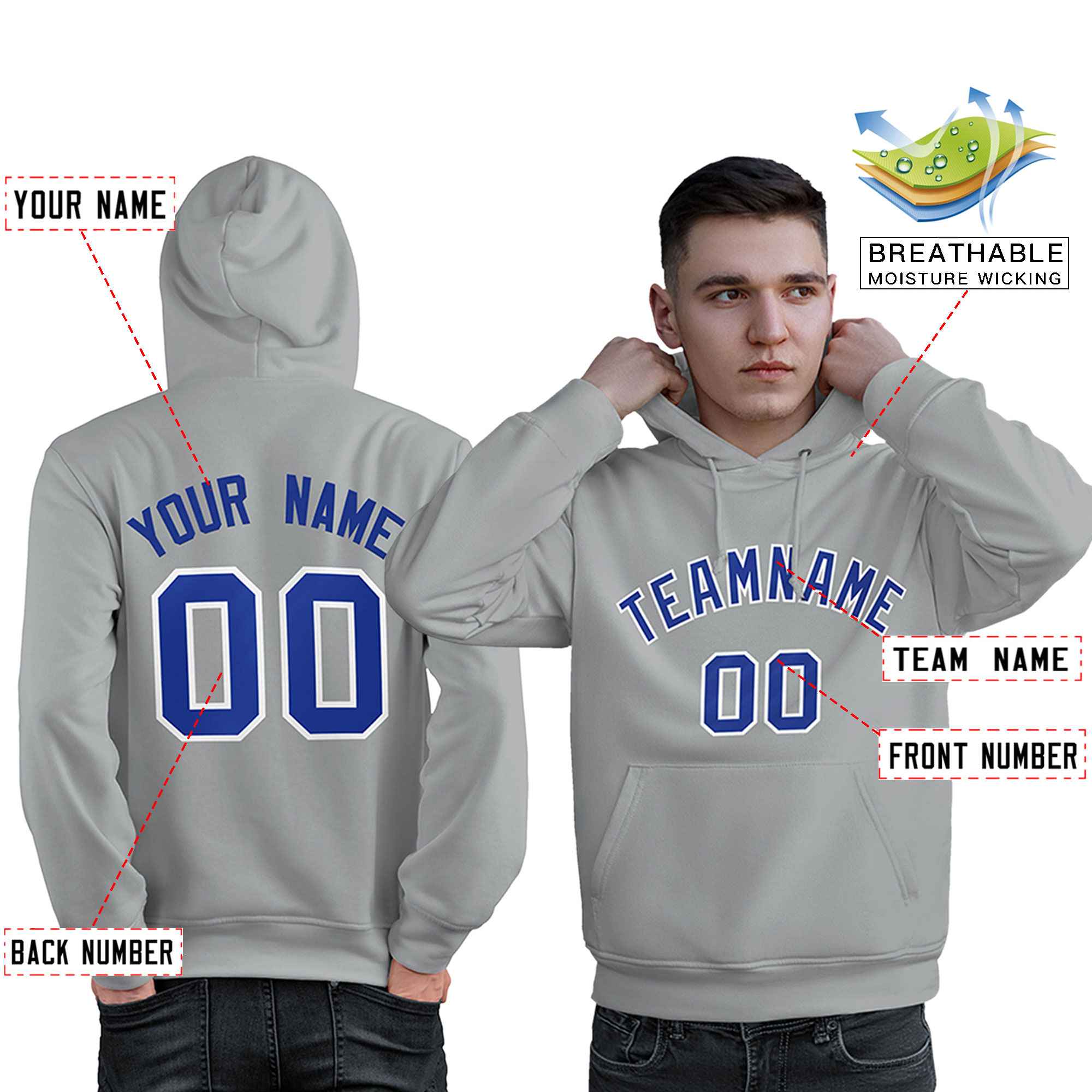 Custom Gray Royal-White Classic Style Personalized Sport Pullover Hoodie