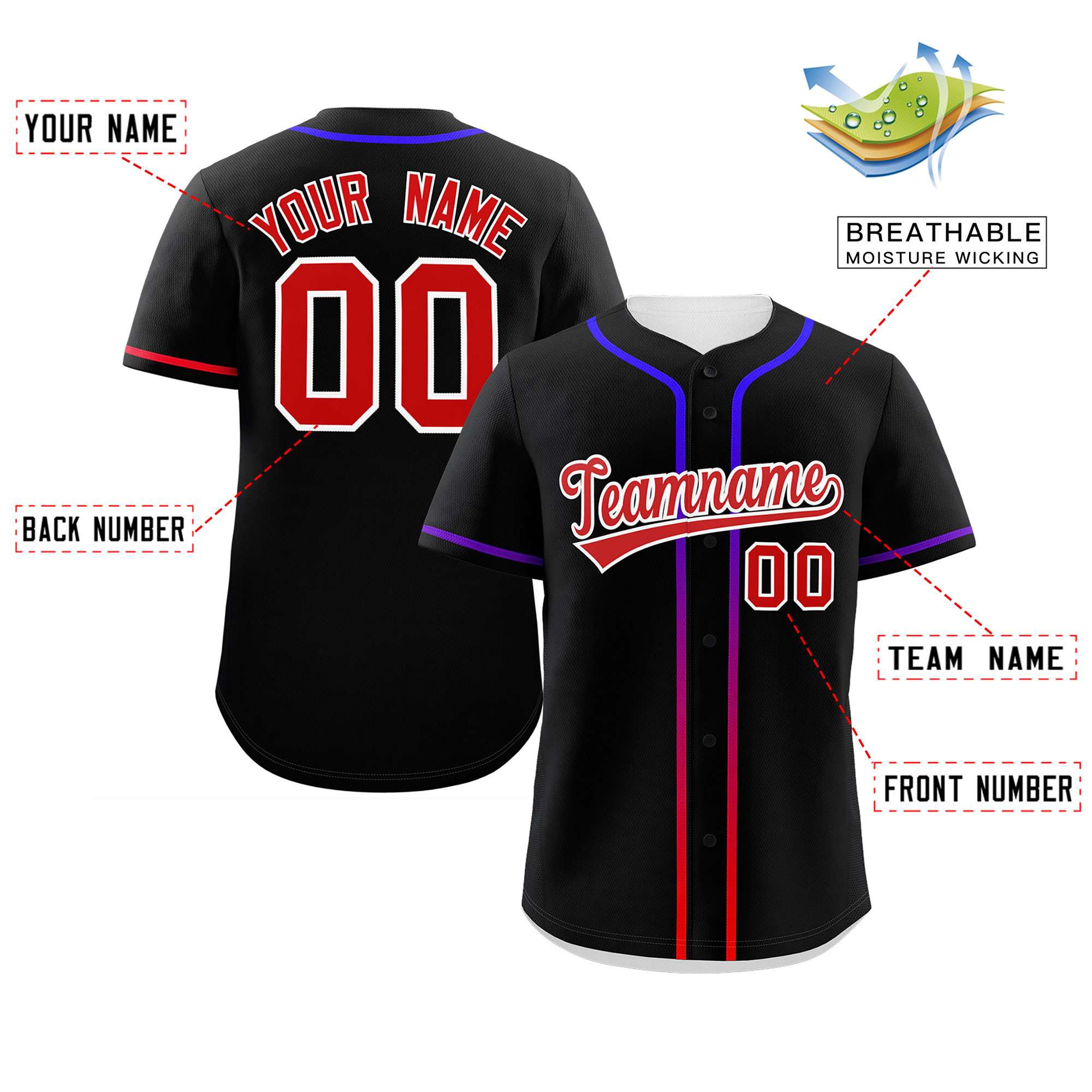 Custom Black Red Personalized Gradient Ribbed Design Authentic Baseball Jersey