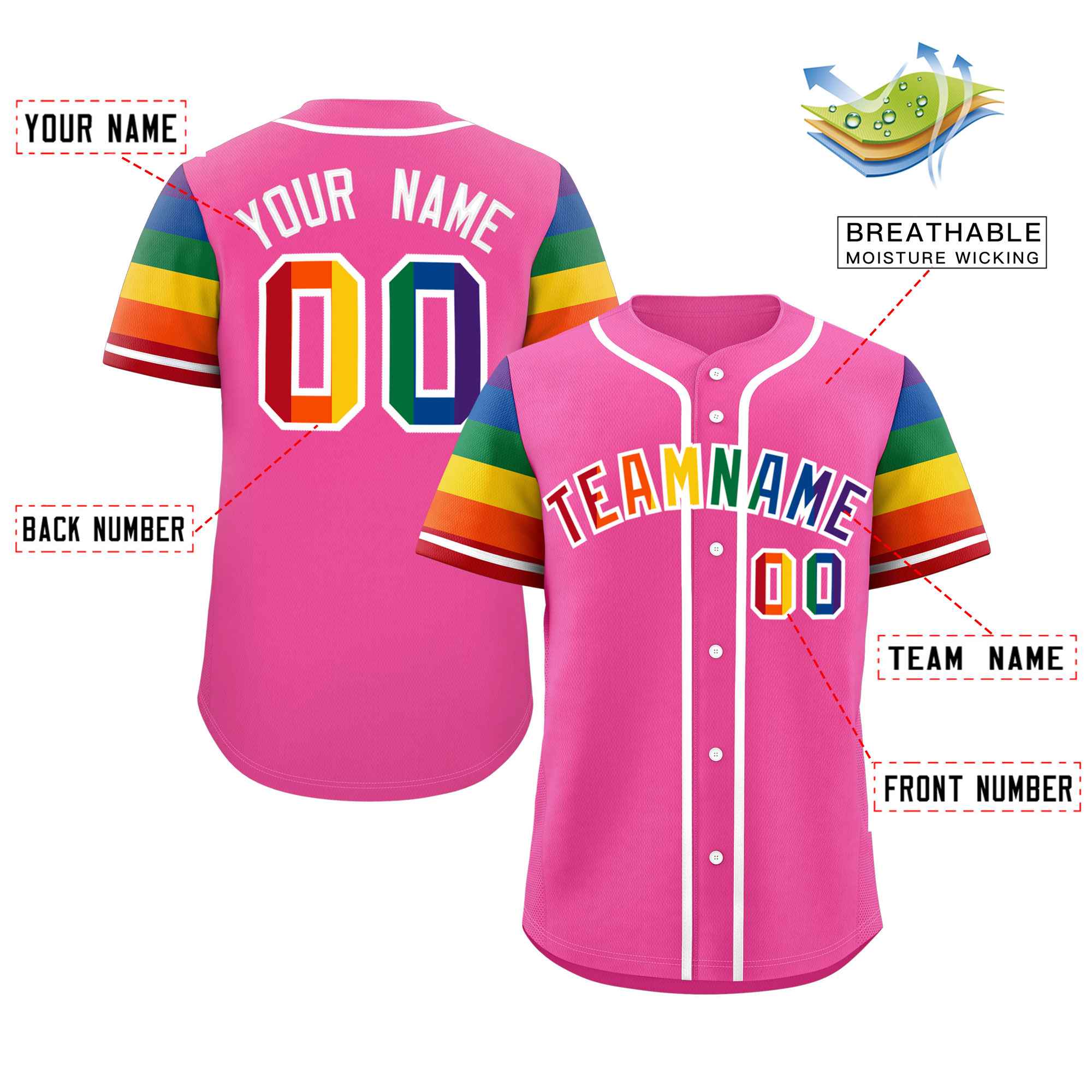 Custom Pink LGBT Rainbow For Pride Month Raglan Sleeves Authentic Baseball Jersey