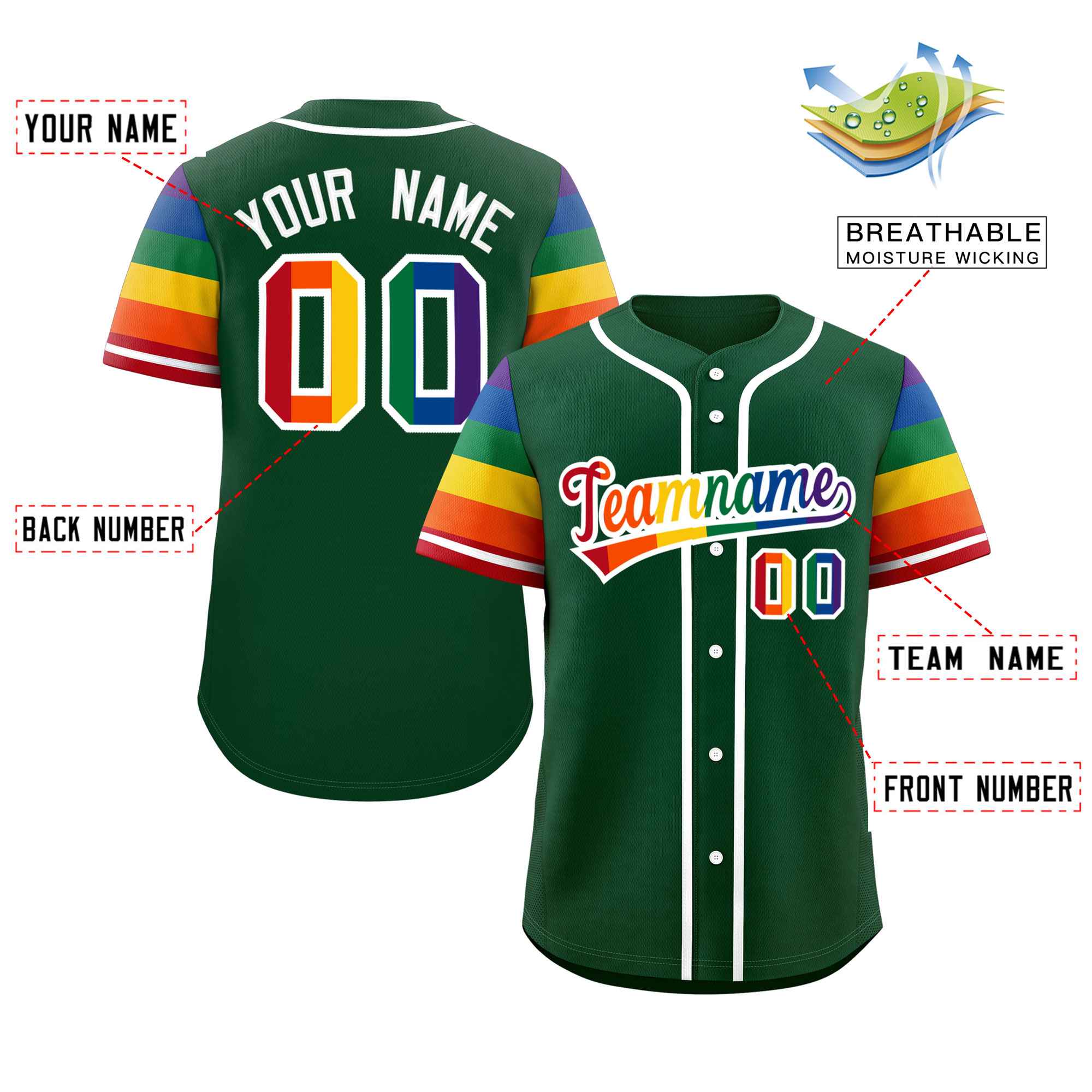 Custom Green LGBT Rainbow For Pride Month Raglan Sleeve Authentic Baseball Jersey
