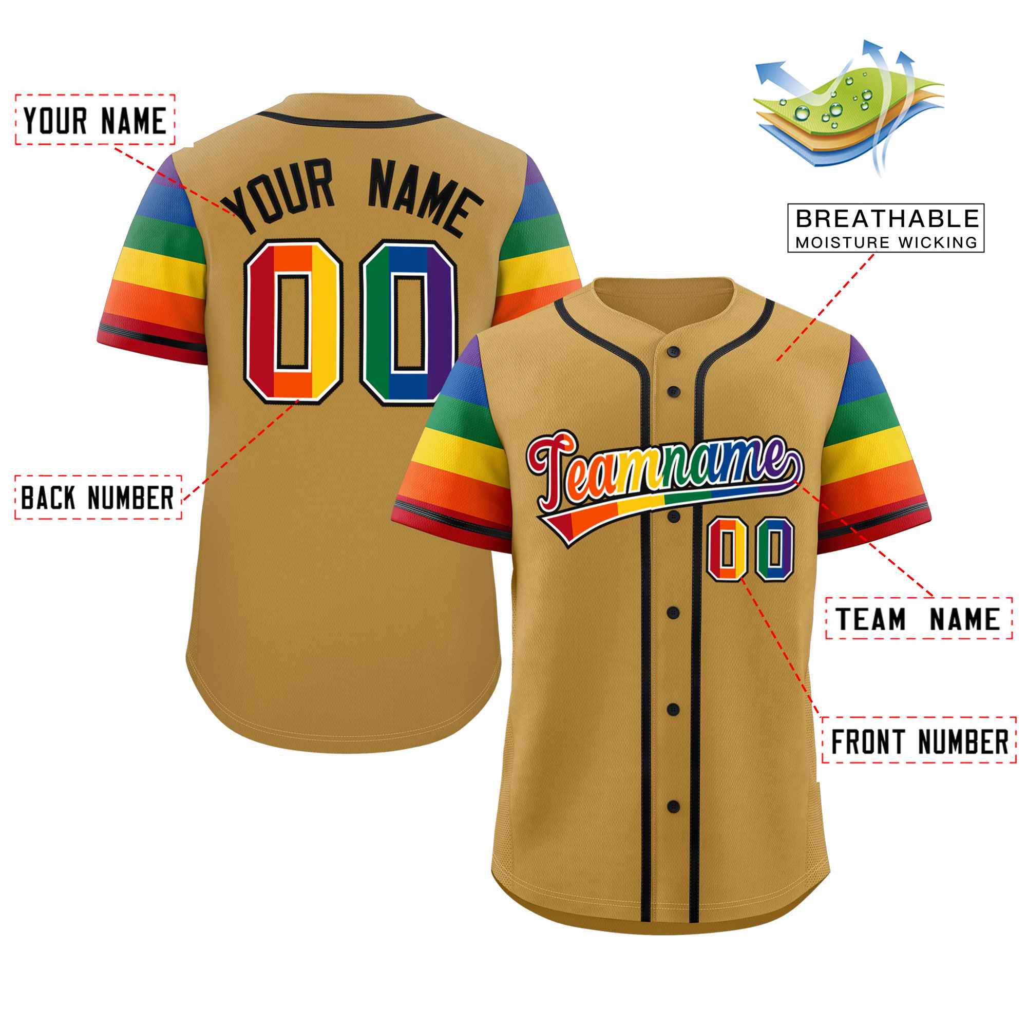 Custom Old Gold LGBT Rainbow For Pride Month Raglan Sleeves Authentic Baseball Jersey