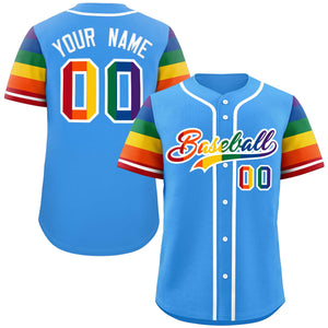 Custom Powder Blue LGBT Rainbow For Pride Month Raglan Sleeves Authentic Baseball Jersey