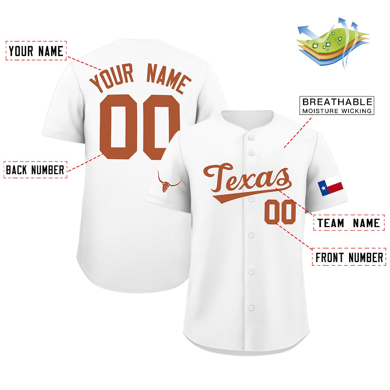 Custom White Orange Texas Flag Classic Style Authentic Baseball Jersey