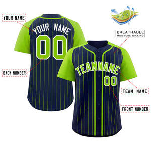 Custom Navy Neon Green-White Stripe Fashion Raglan Sleeves Authentic Baseball Jersey