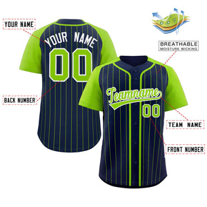 Custom Navy Neon Green-White Stripe Fashion Raglan Sleeves Authentic Baseball Jersey