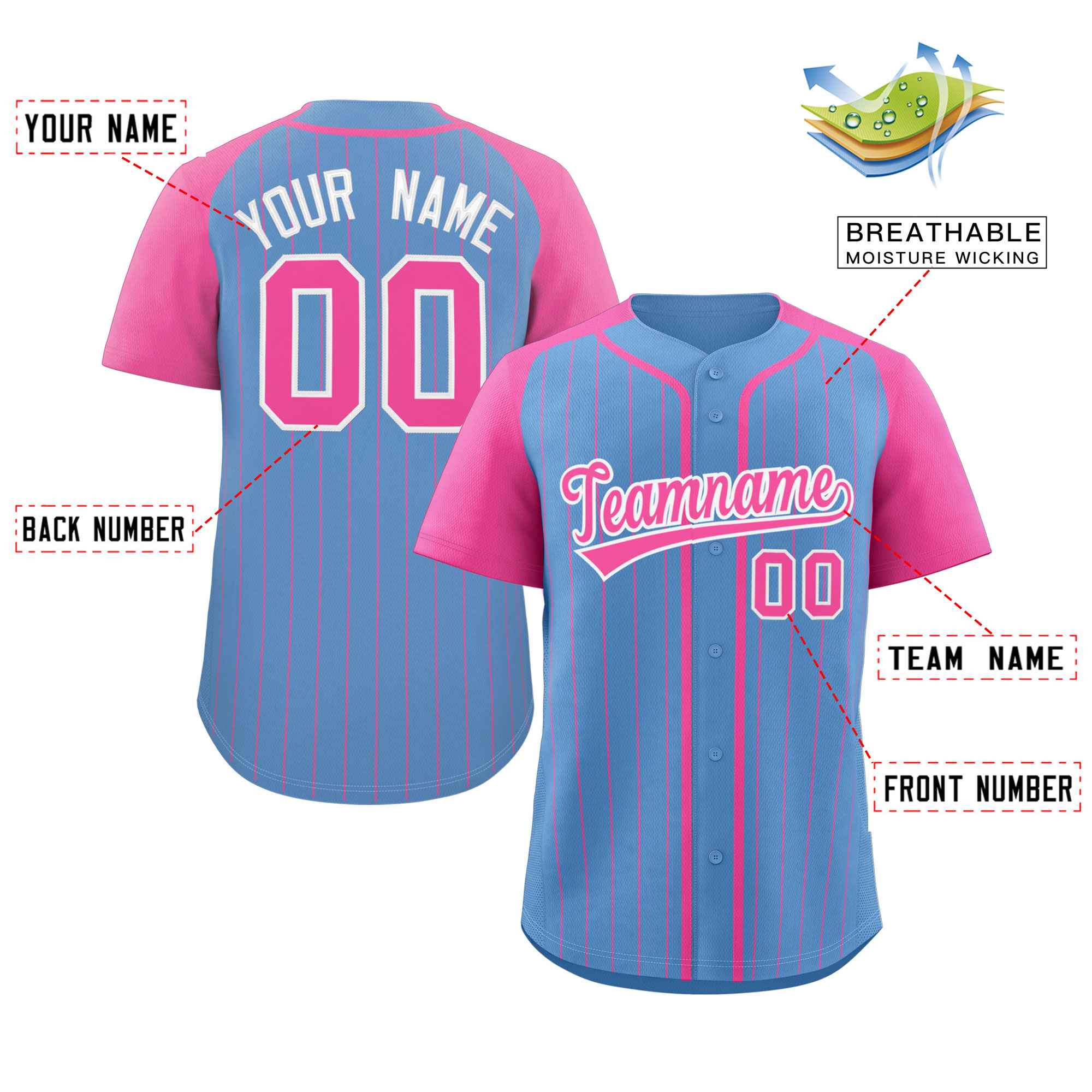 Custom Light Blue Pink-White Stripe Fashion Raglan Sleeves Authentic Baseball Jersey